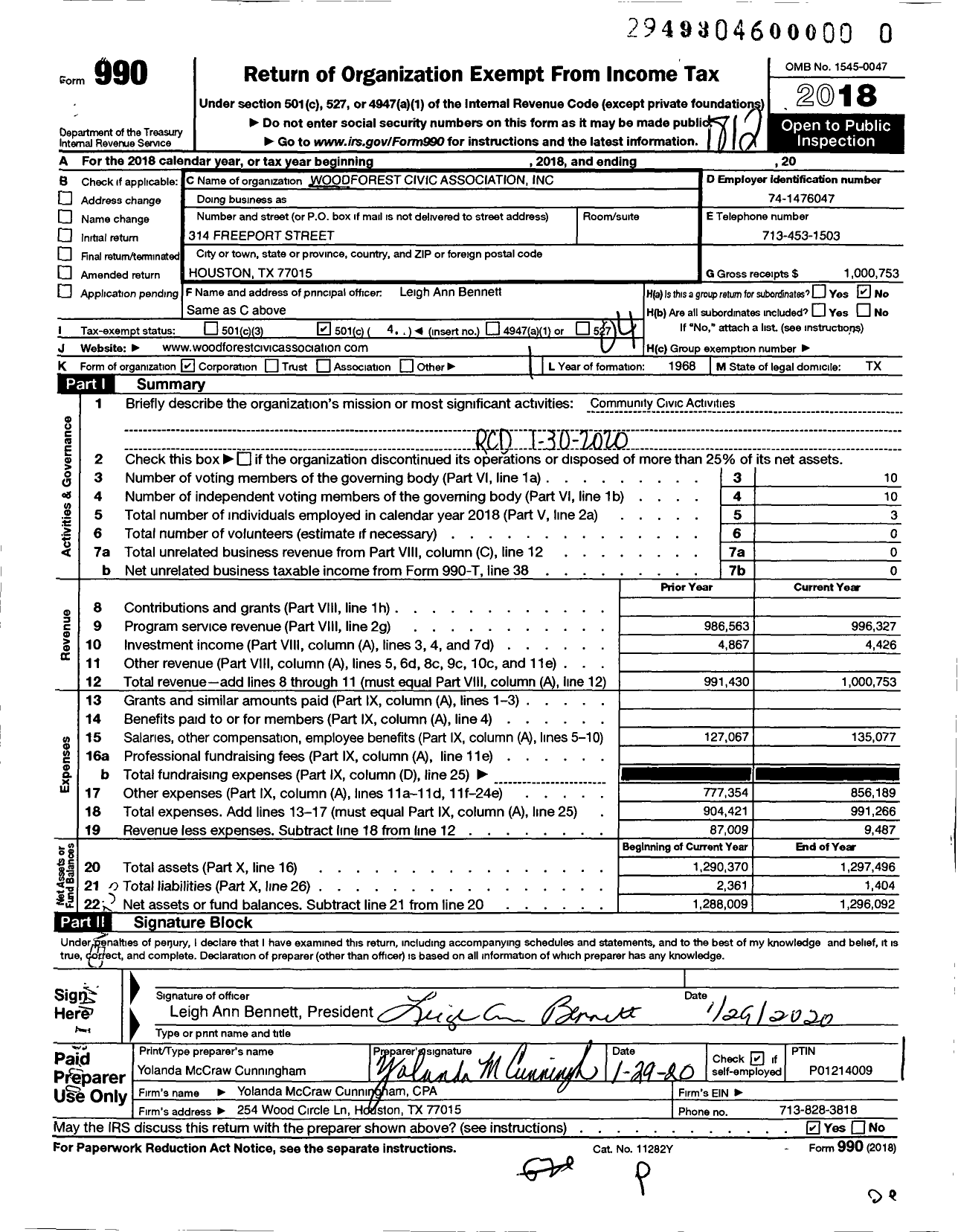 Image of first page of 2018 Form 990O for Woodforest Civic Association