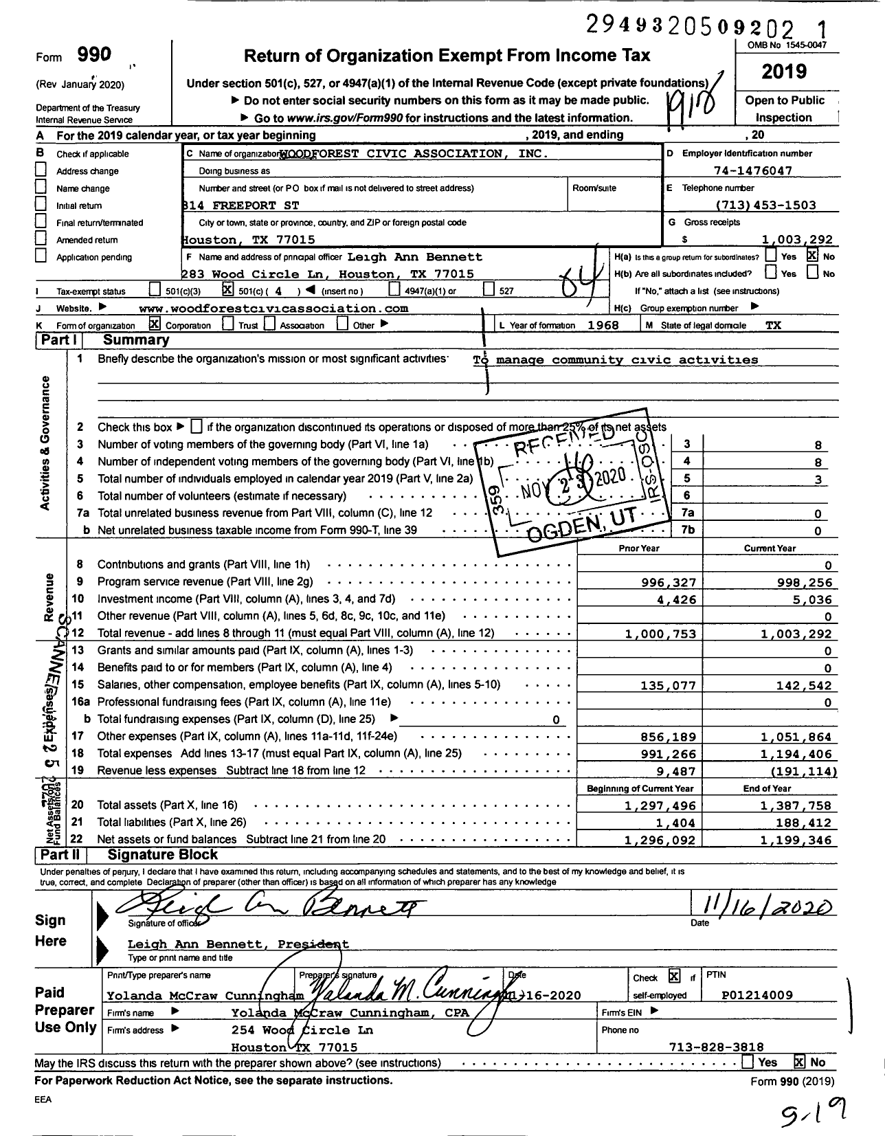 Image of first page of 2019 Form 990O for Woodforest Civic Association