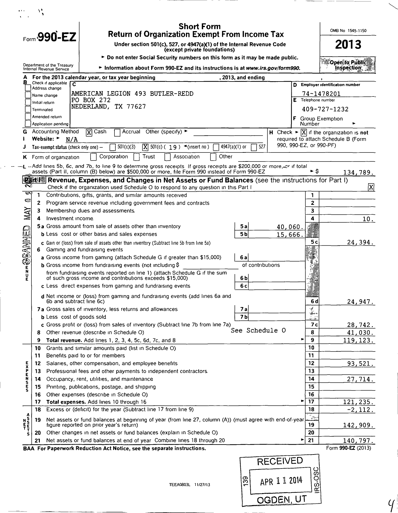 Image of first page of 2013 Form 990EO for American Legion - 493