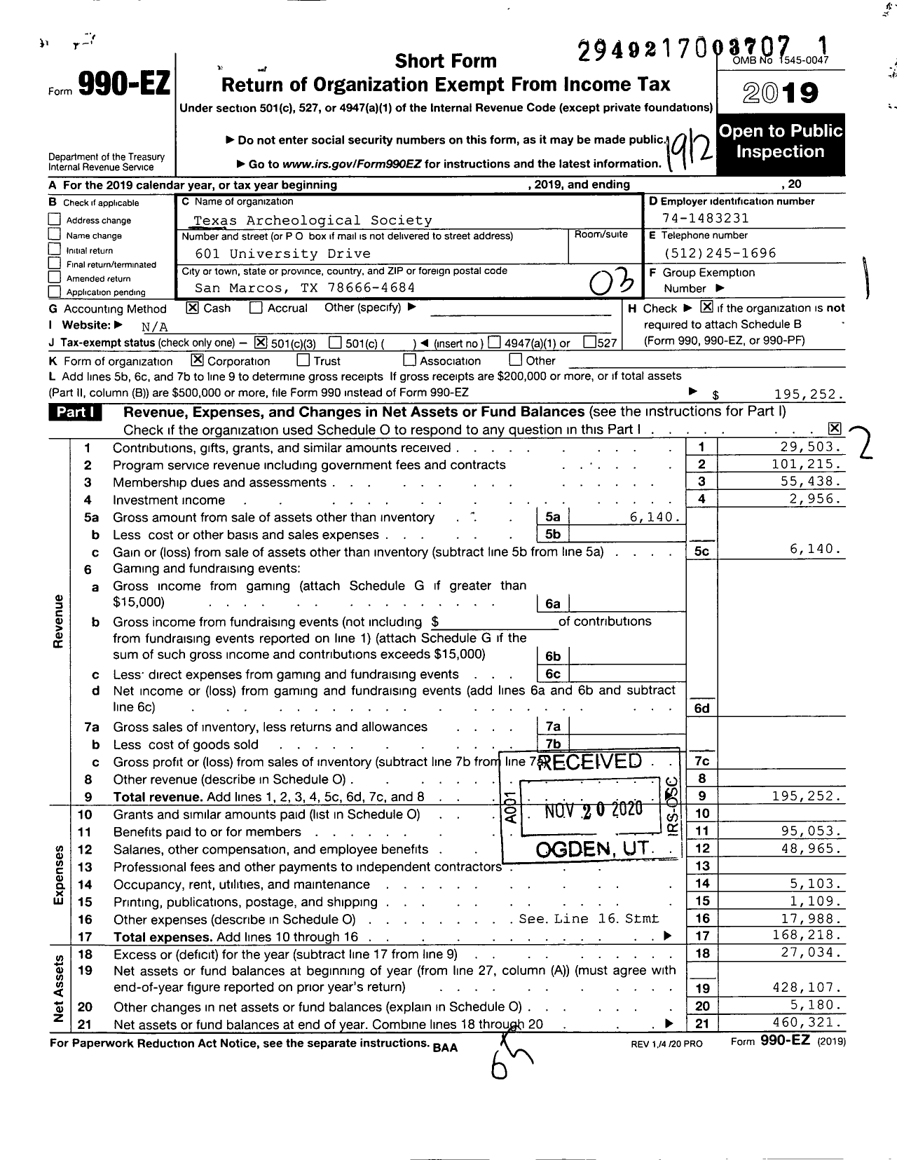 Image of first page of 2019 Form 990EZ for Texas Archeological Society