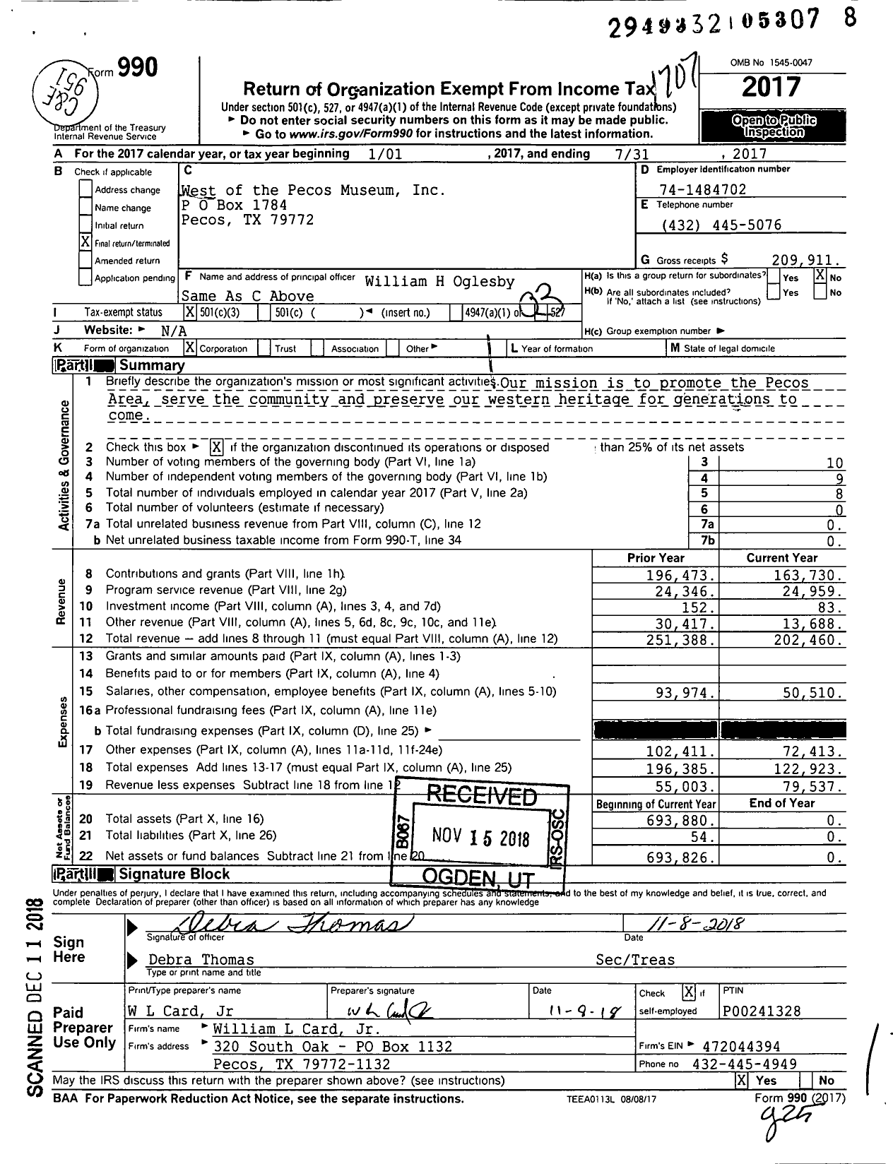 Image of first page of 2016 Form 990 for West of the Pecos Museum