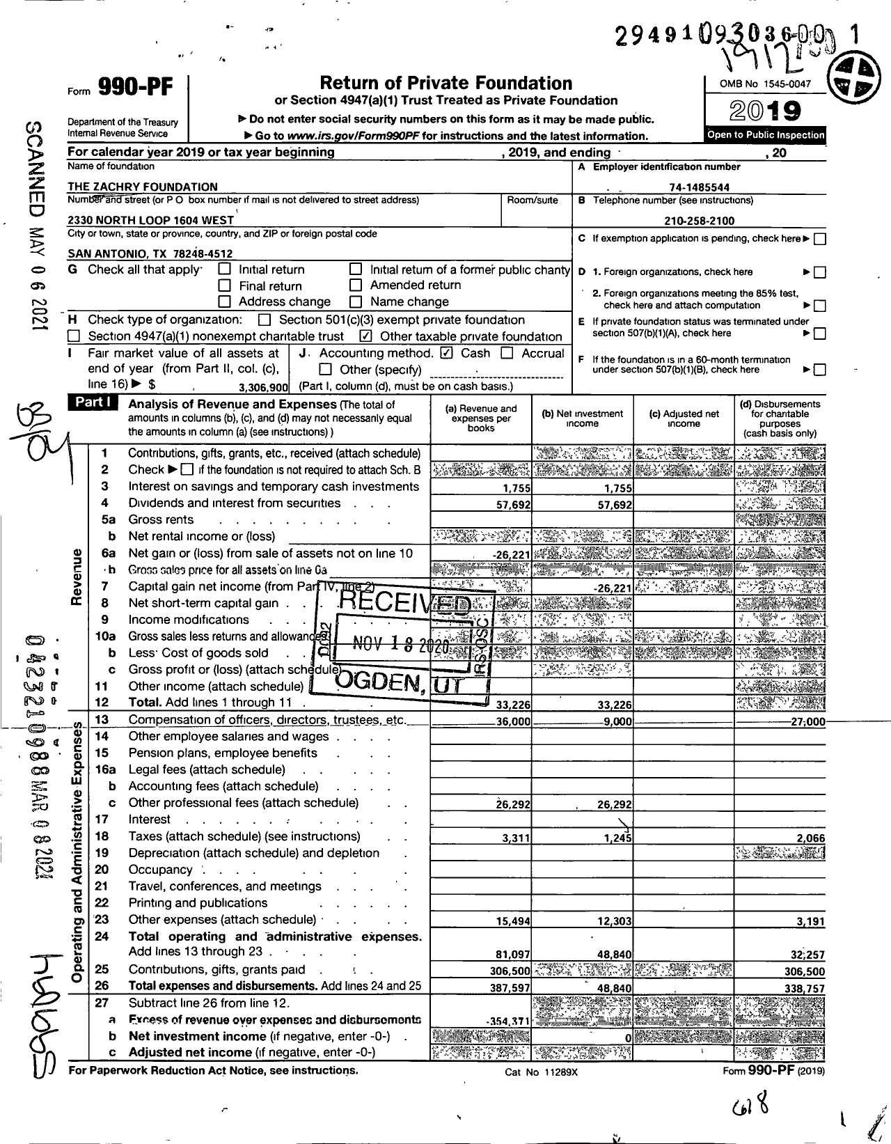 Image of first page of 2019 Form 990PF for The Zachry Foundation