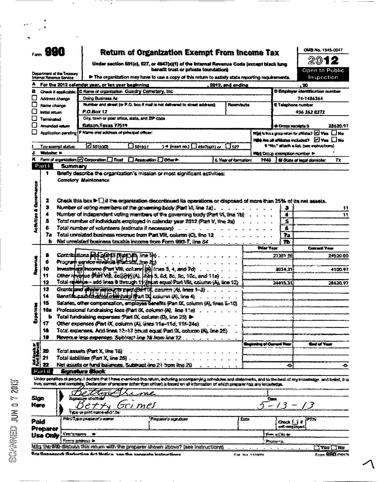 Image of first page of 2012 Form 990 for Guedry Cemetery Association