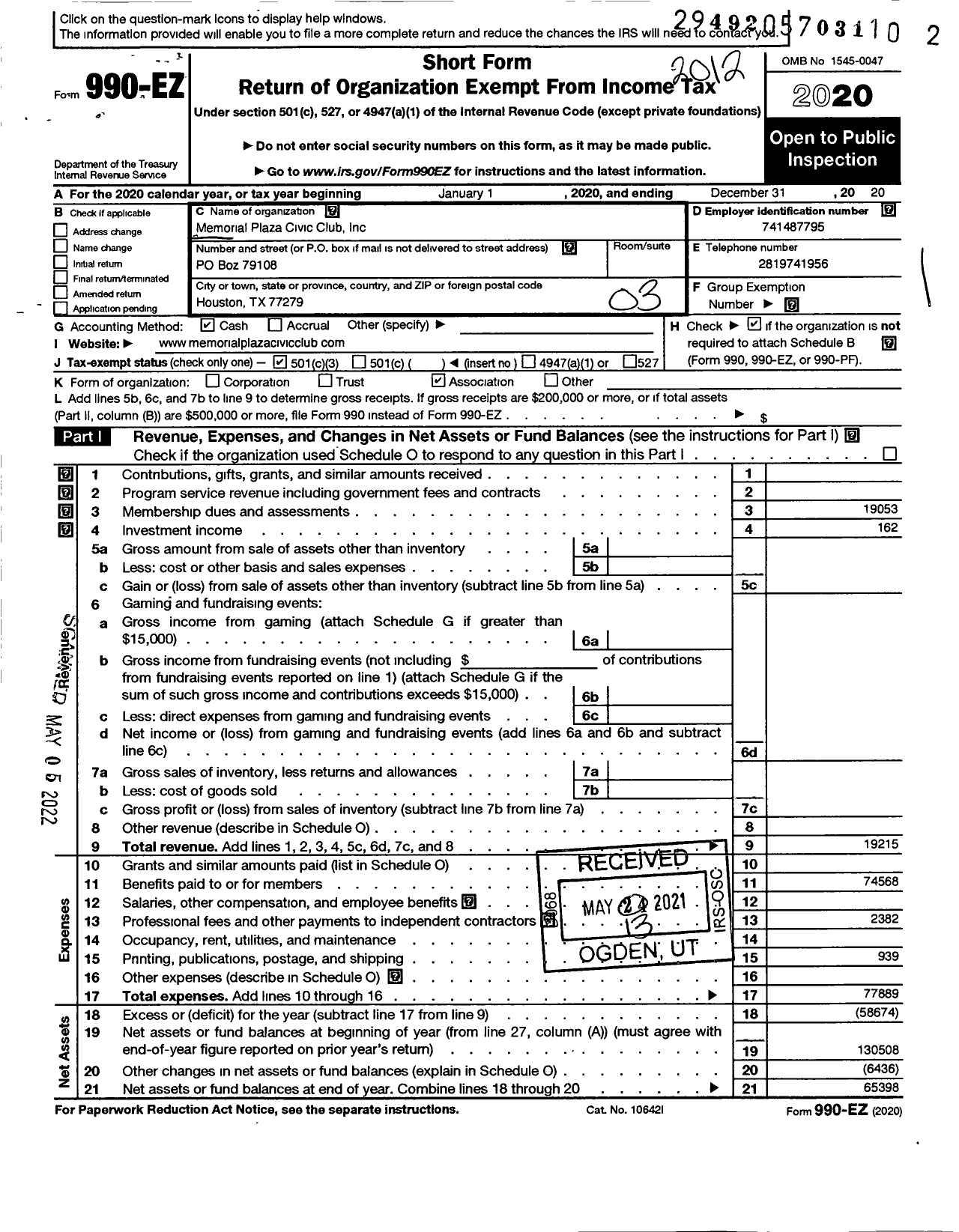 Image of first page of 2020 Form 990EZ for Memorial Plaza Civic Club