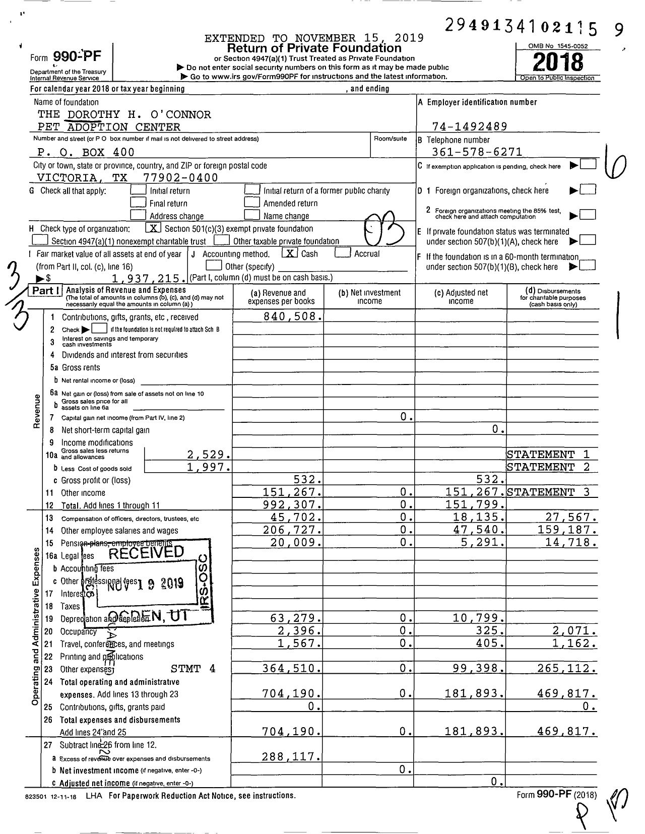 Image of first page of 2018 Form 990PF for The Dorothy H O'Connor Pet Adoption Center