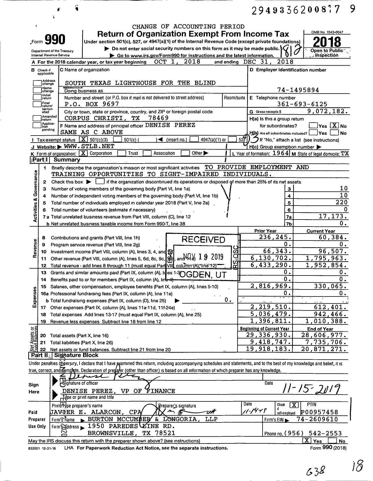 Image of first page of 2018 Form 990 for South Texas Lighthouse for the Blind (STLB)