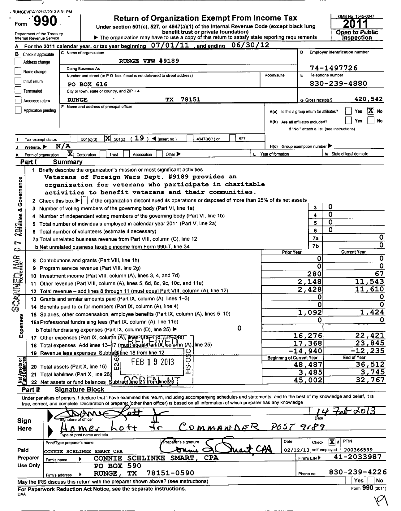 Image of first page of 2011 Form 990O for Texas VFW - 9189 Runge