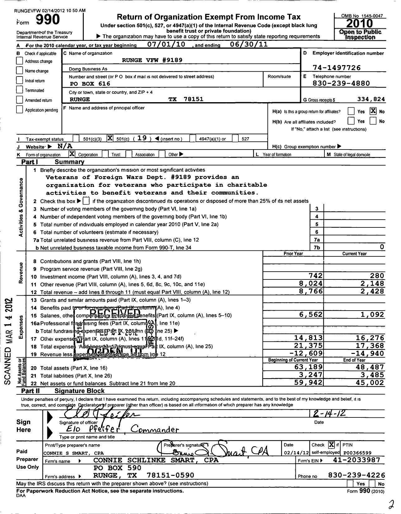 Image of first page of 2010 Form 990O for Texas VFW - 9189 Runge