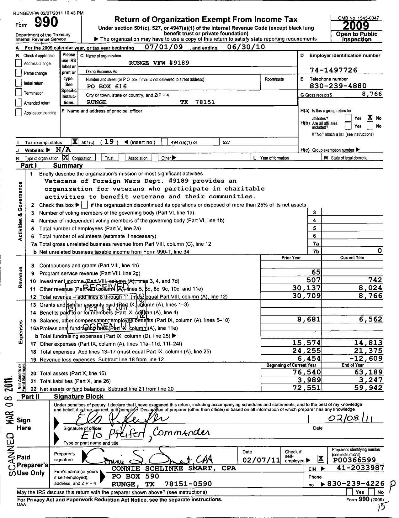 Image of first page of 2009 Form 990O for Texas VFW - 9189 Runge