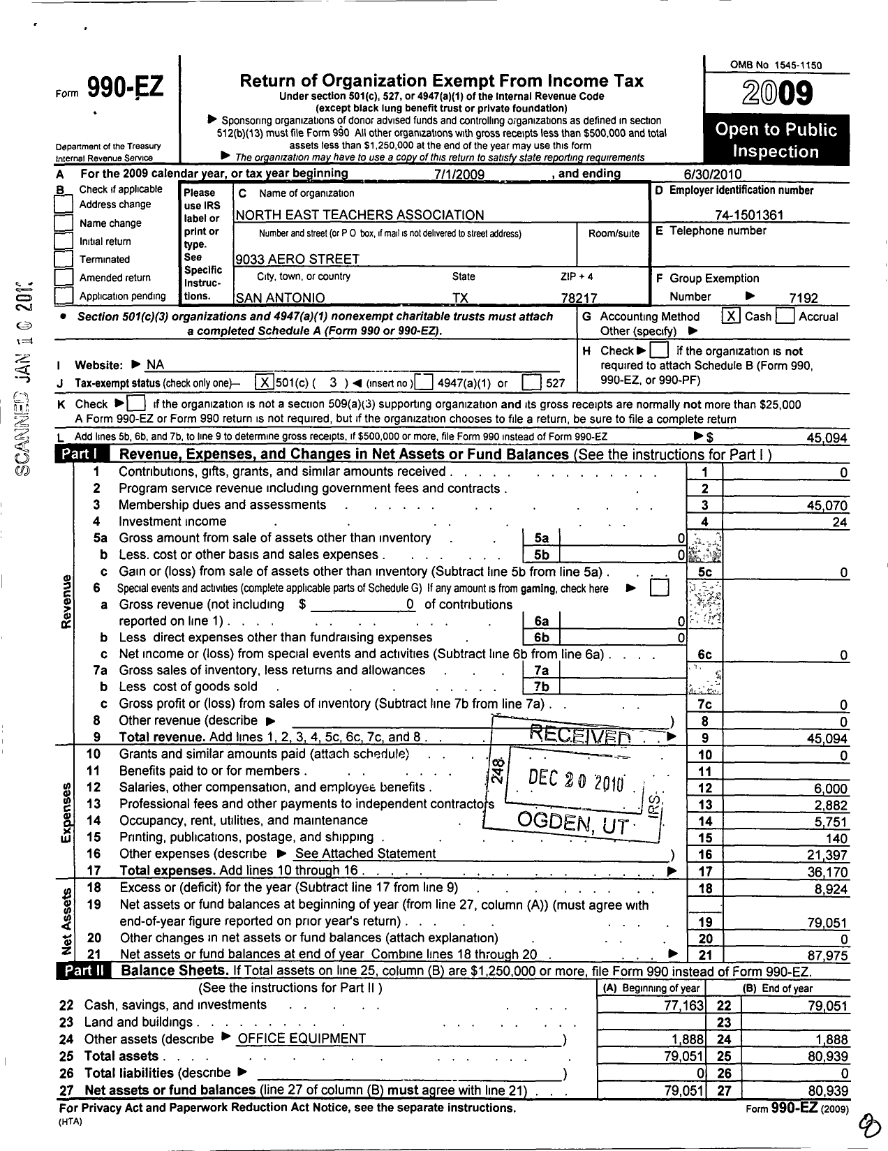 Image of first page of 2009 Form 990EZ for Texas State Teachers Association / North East Education Association