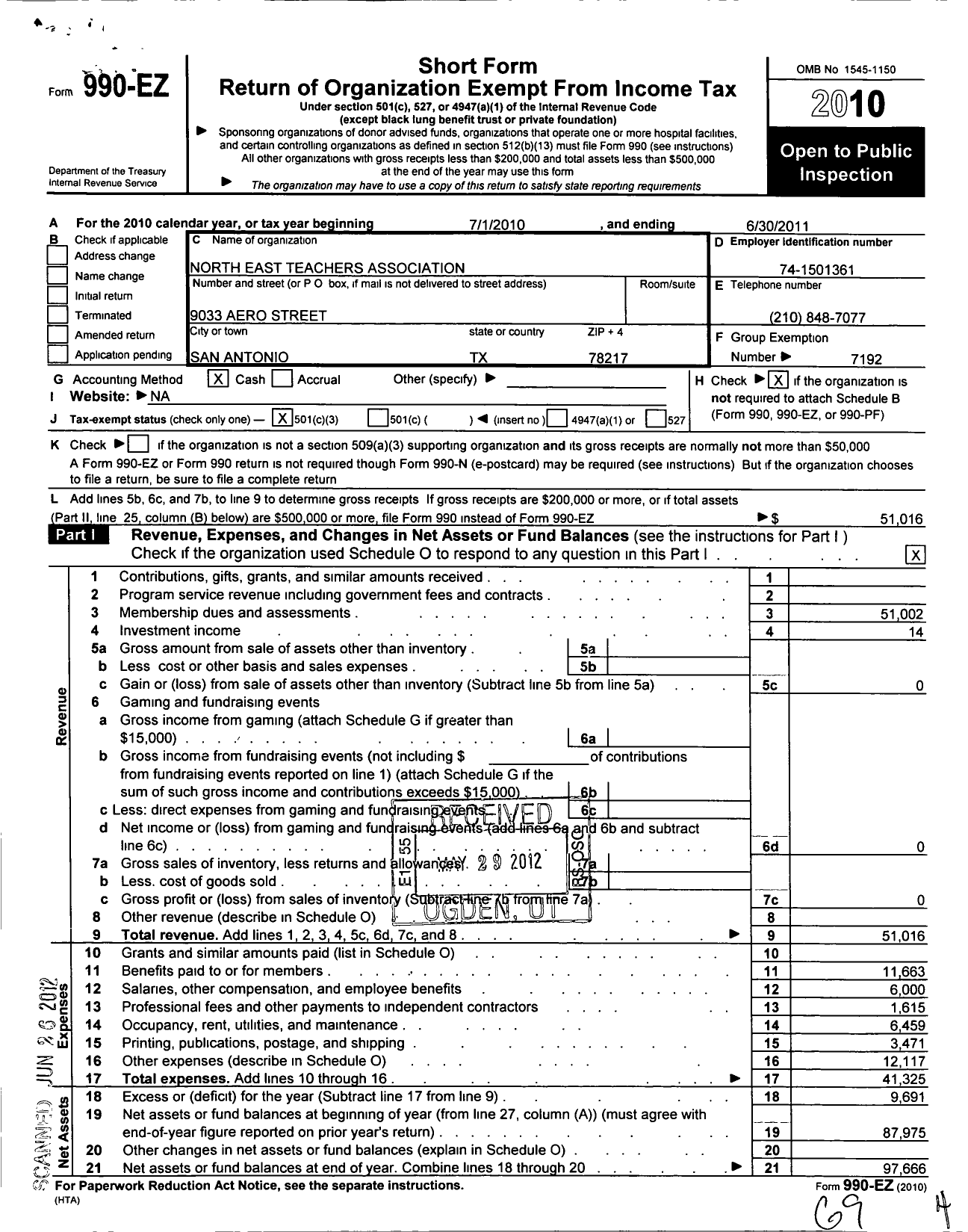 Image of first page of 2010 Form 990EZ for Texas State Teachers Association / North East Education Association