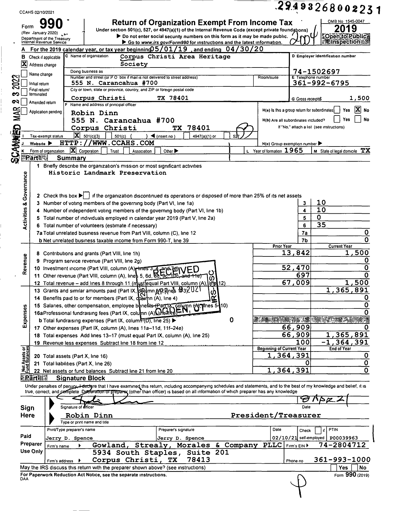 Image of first page of 2019 Form 990 for Corpus Christi Area Heritage Society