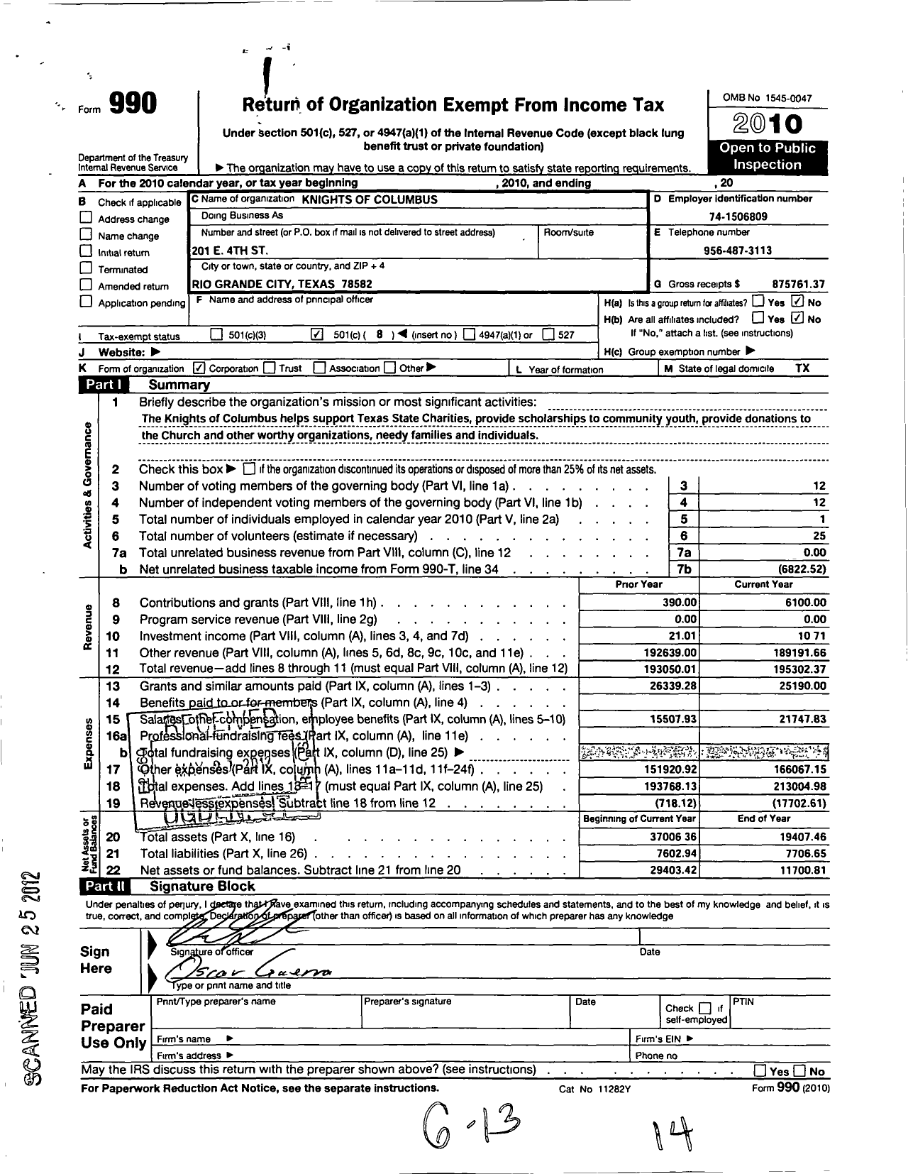 Image of first page of 2010 Form 990O for Knights of Columbus - 2597 de Saules Council