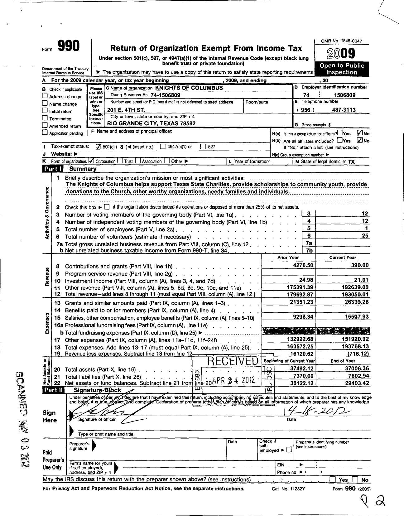 Image of first page of 2009 Form 990O for Knights of Columbus - 2597 de Saules Council