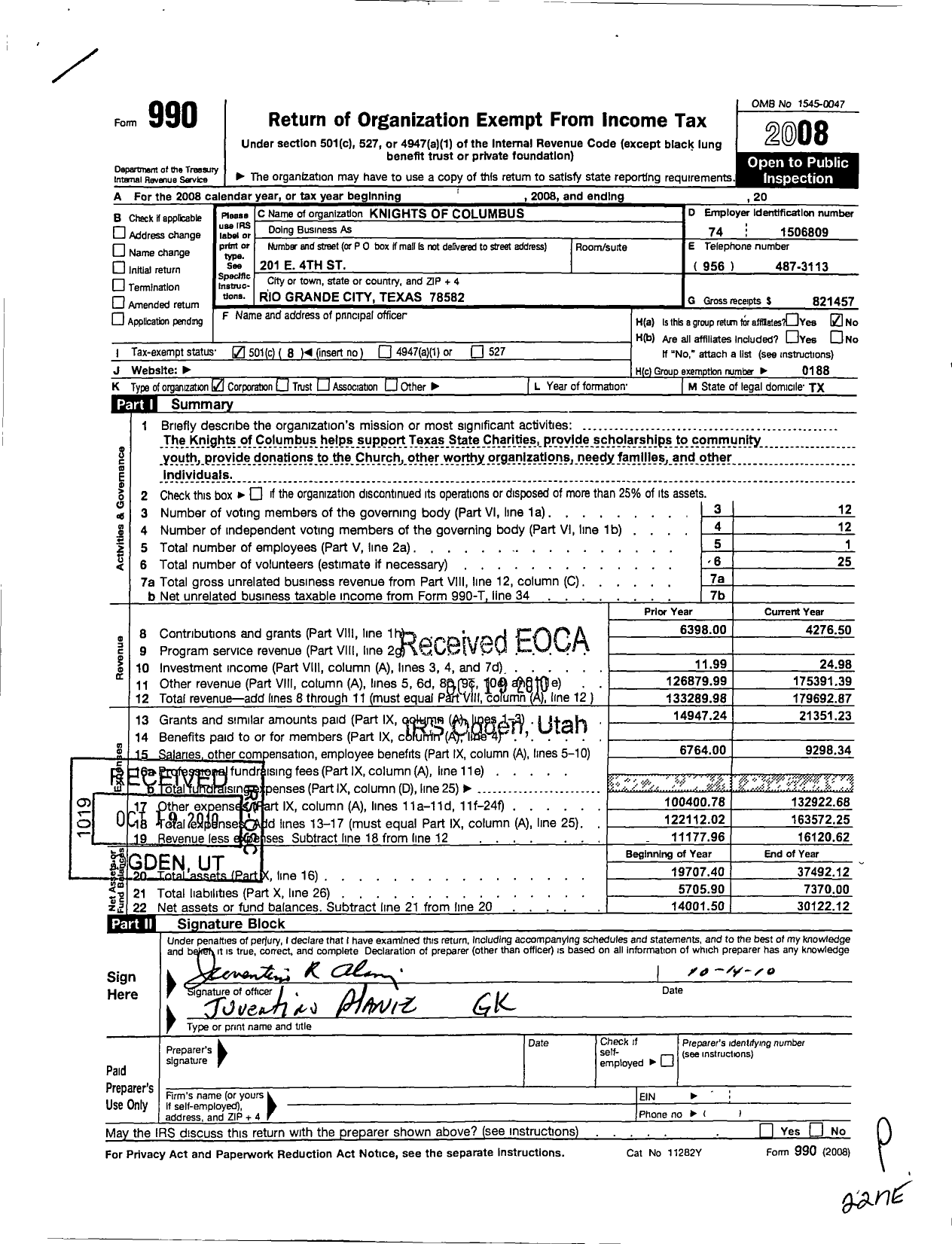 Image of first page of 2008 Form 990O for Knights of Columbus - 2597 de Saules Council