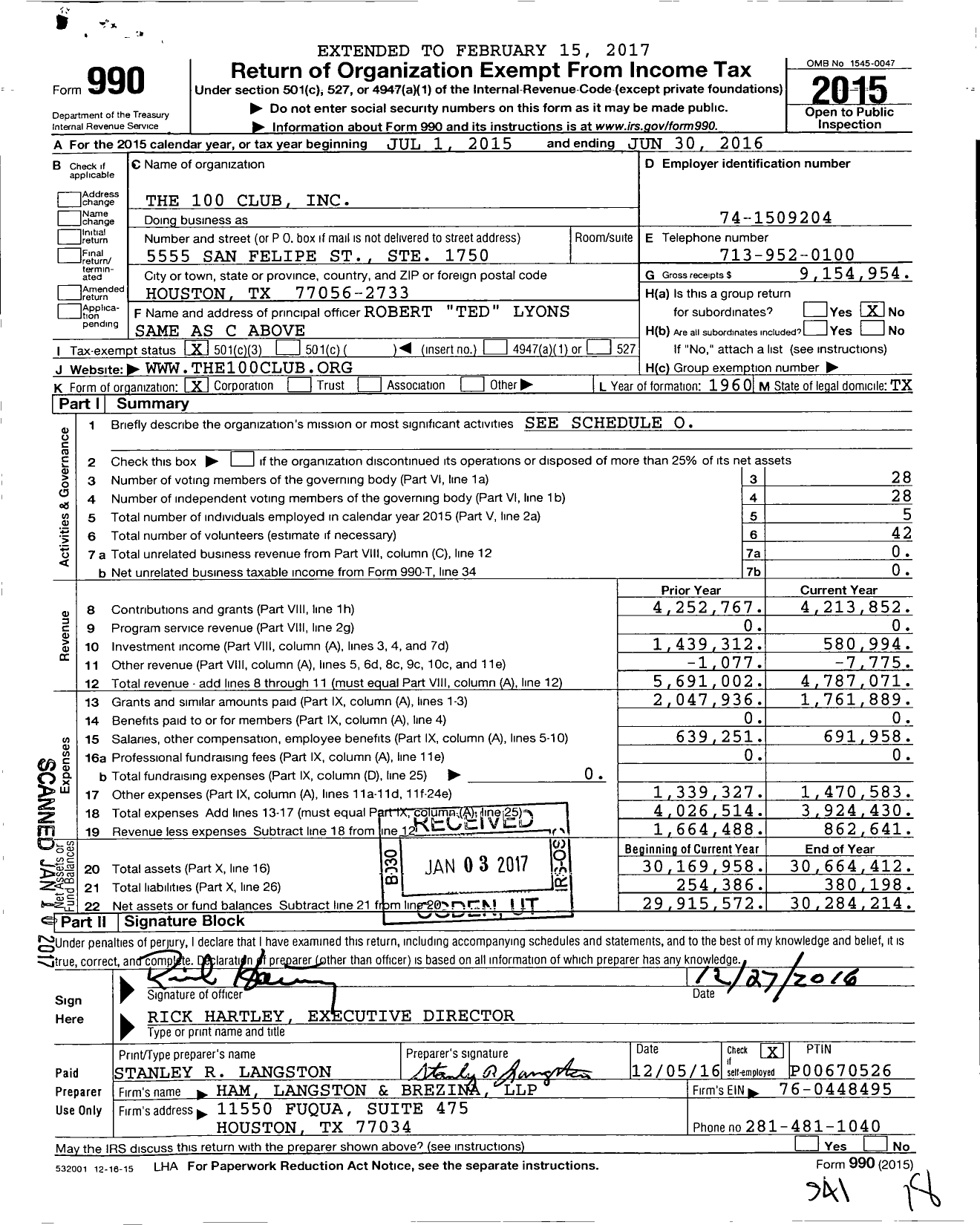 Image of first page of 2015 Form 990 for The 100 Club