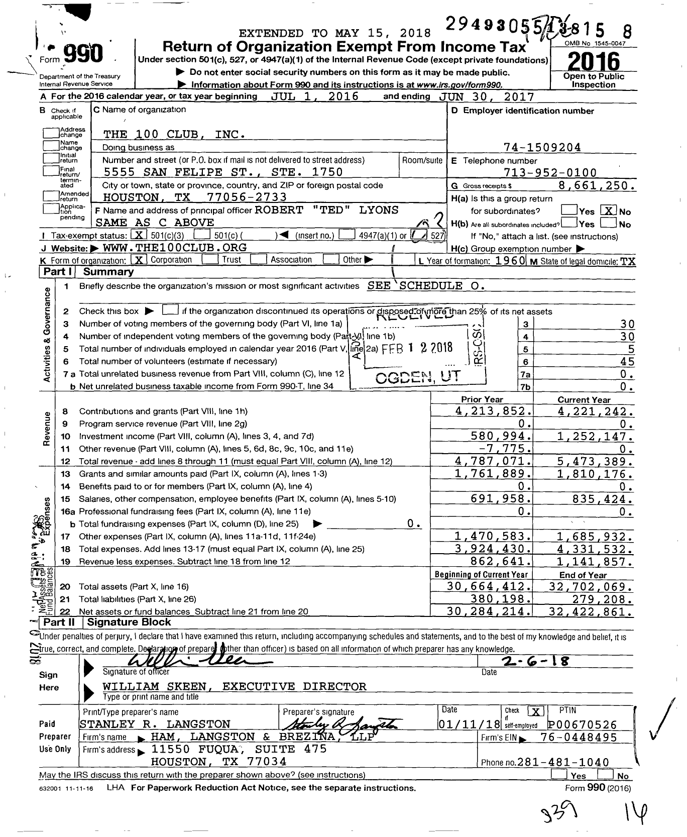 Image of first page of 2016 Form 990 for The 100 Club