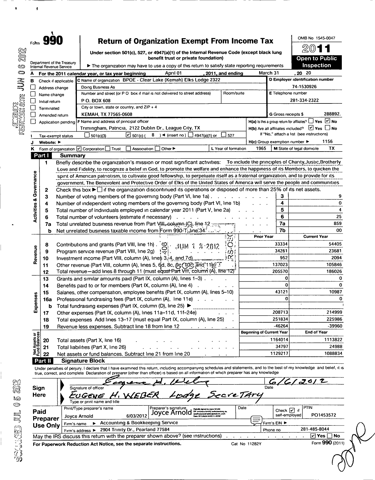 Image of first page of 2019 Form 990O for Benevolent and Protective Order of Elks - 2322 Clear LAke Kemah