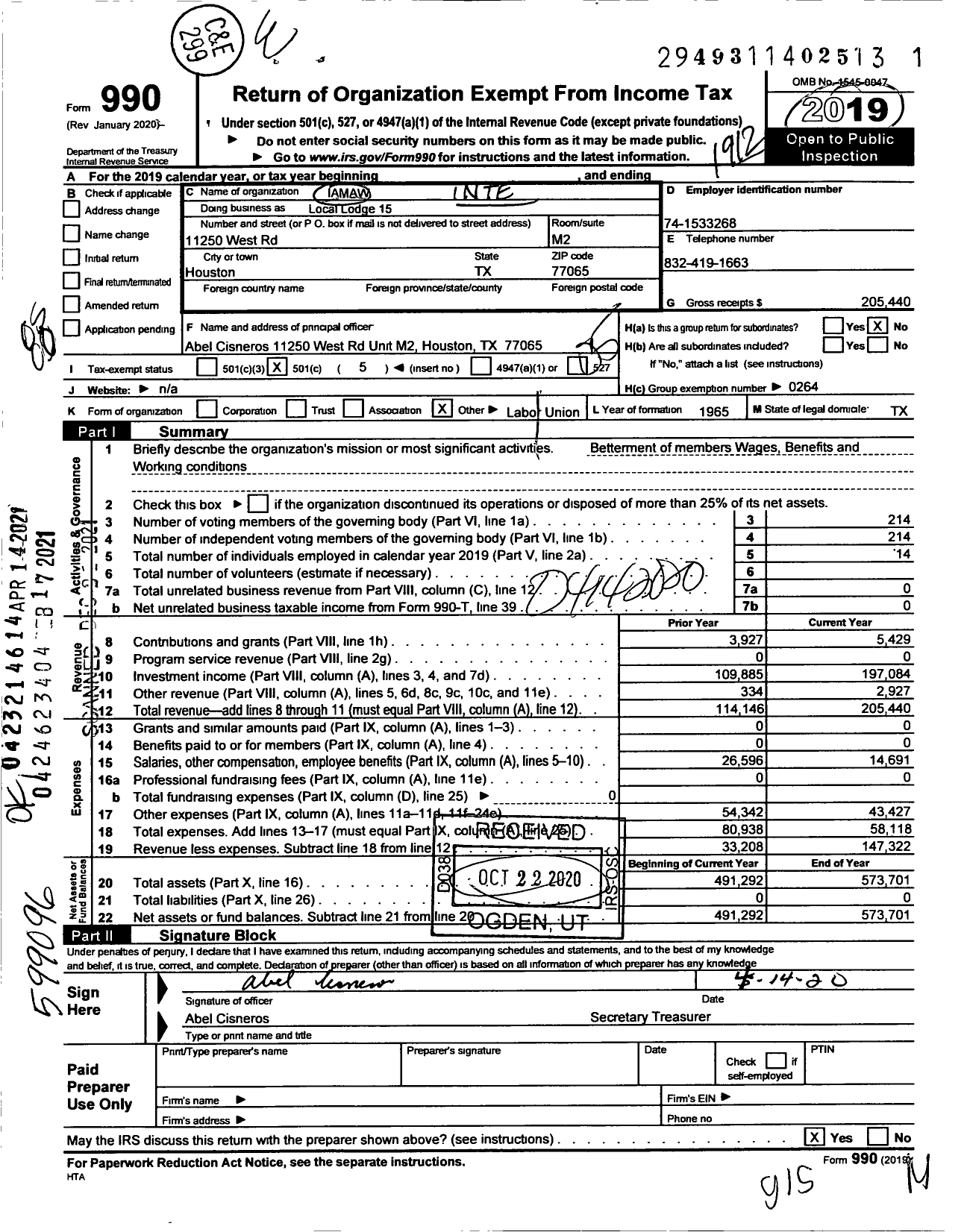 Image of first page of 2019 Form 990O for International Association of Machinists and Aerospace Workers - Local Lodge 15