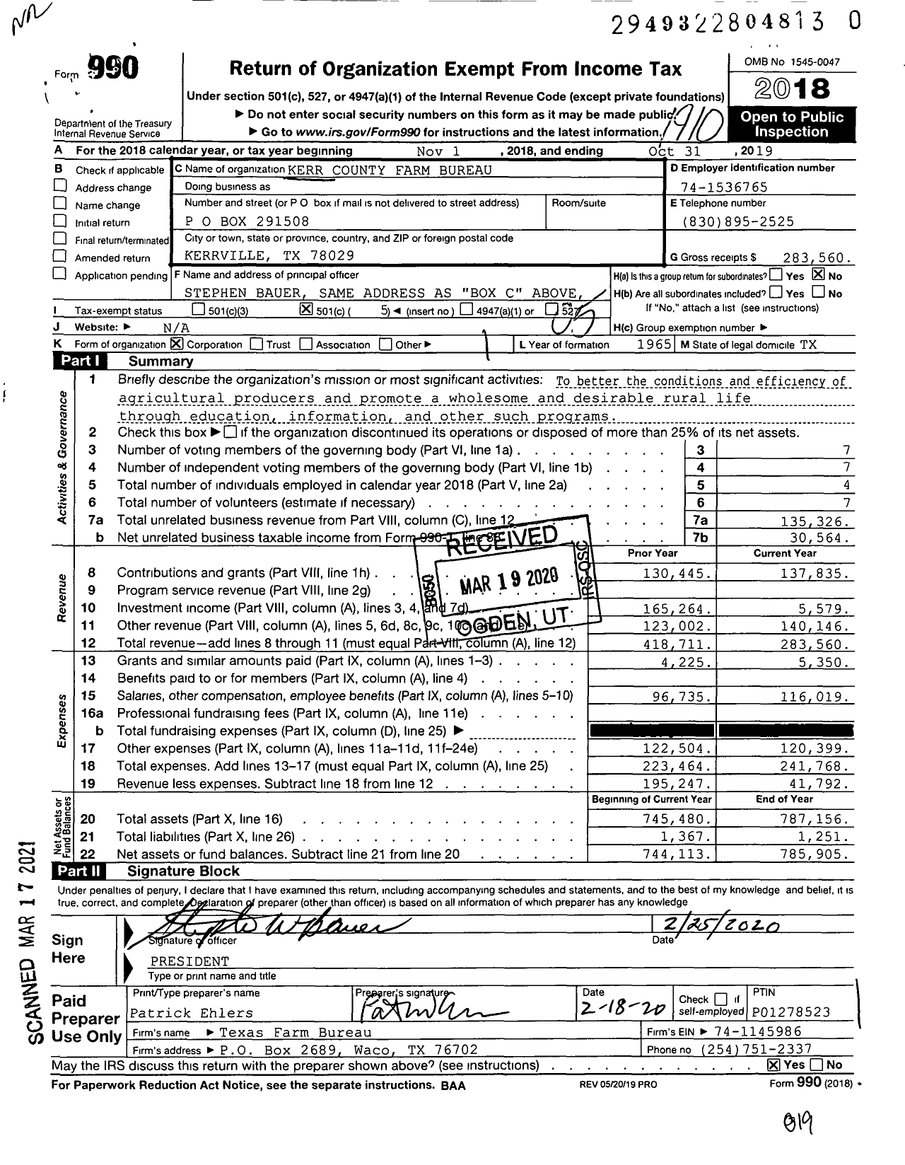 Image of first page of 2018 Form 990O for Kerr County Farm Bureau