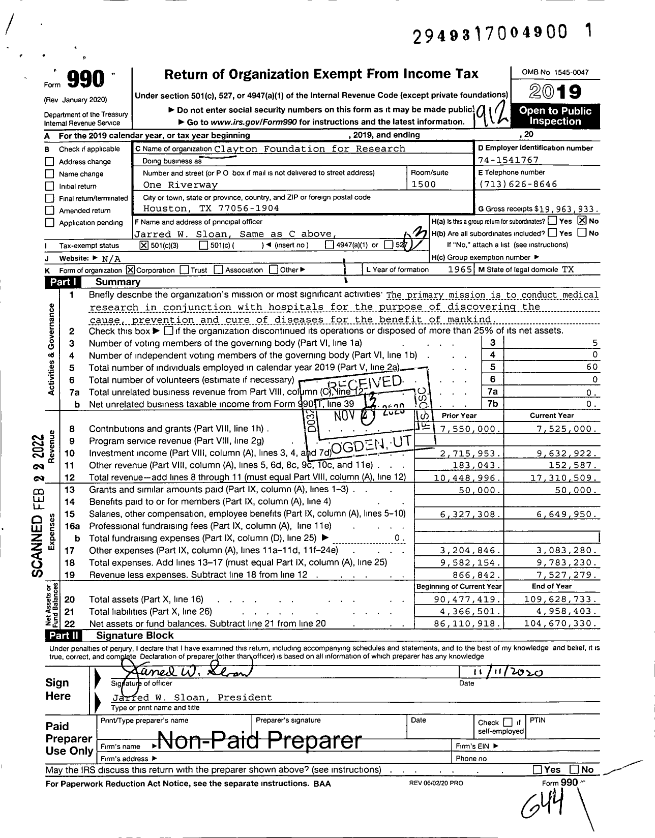 Image of first page of 2019 Form 990 for Clayton Foundation for Research