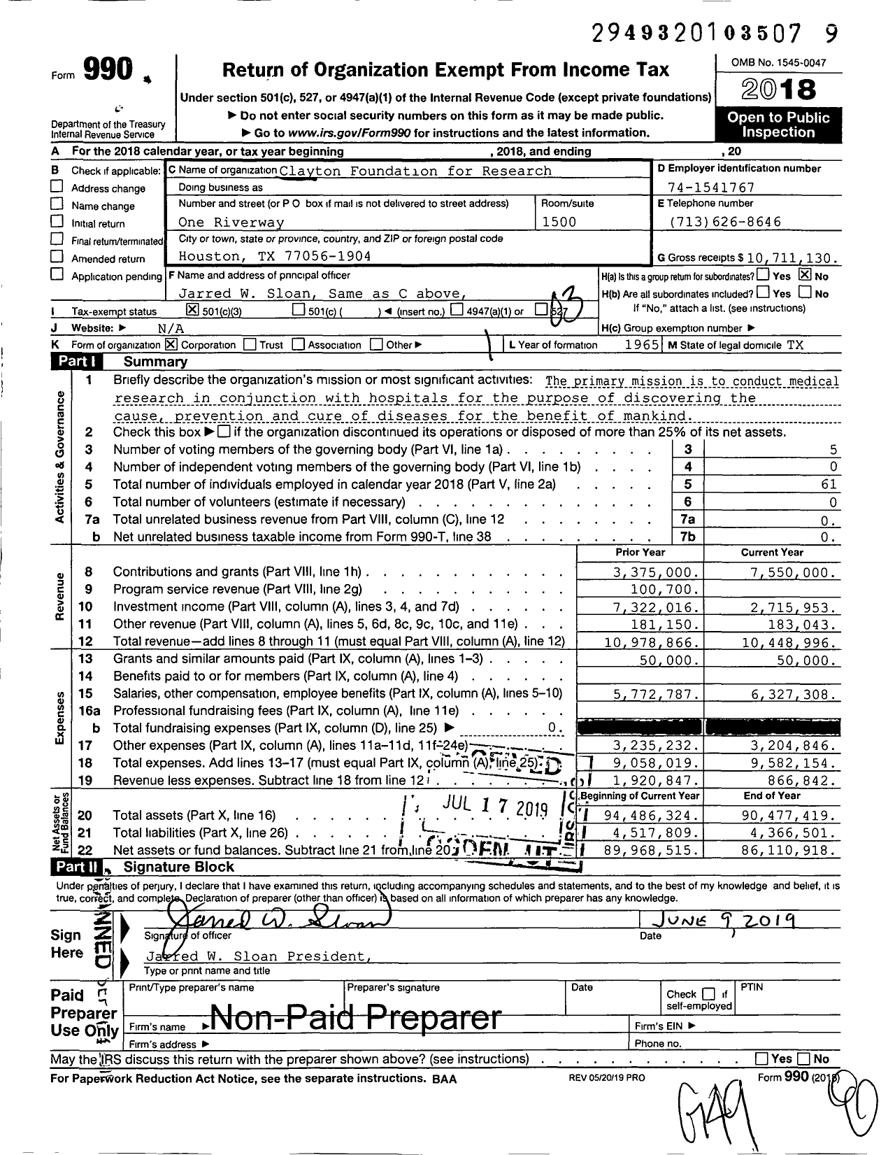 Image of first page of 2018 Form 990 for Clayton Foundation for Research