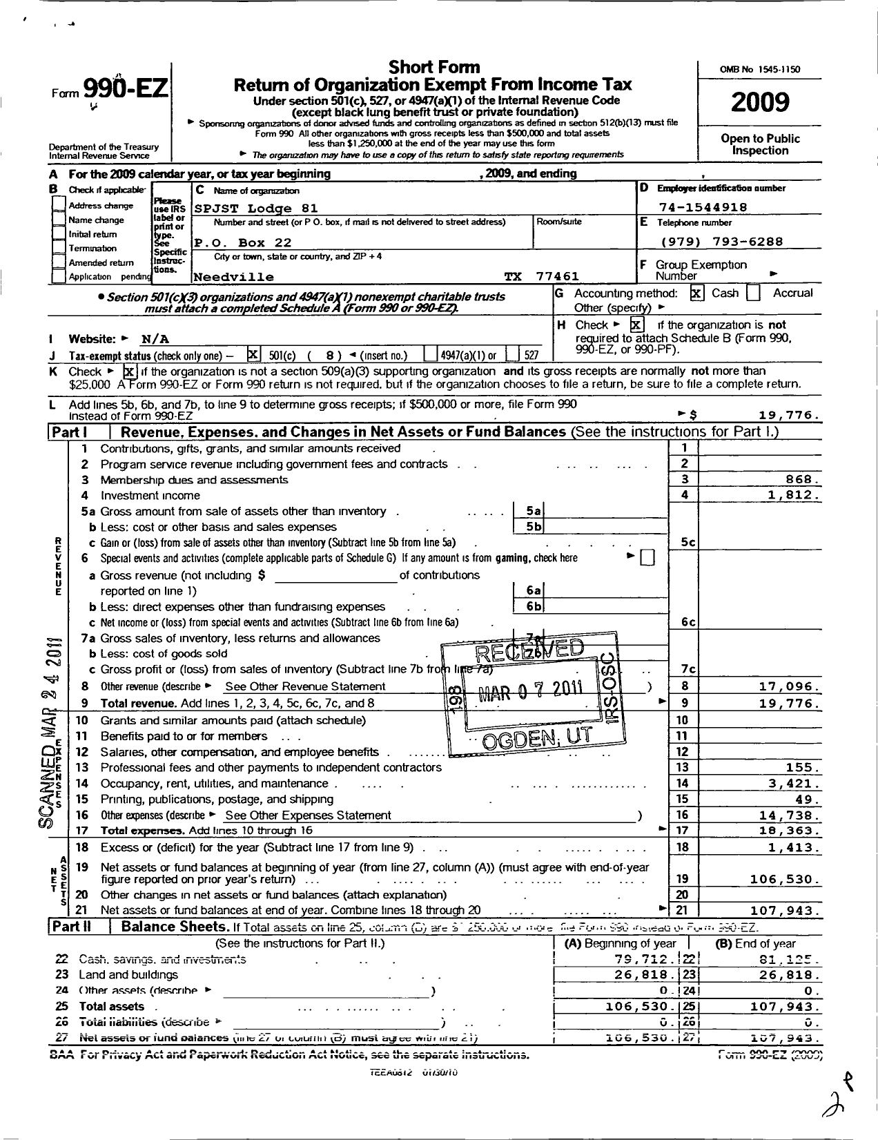 Image of first page of 2009 Form 990EO for Slavonic Benevolent Order of the State of Texas - 81