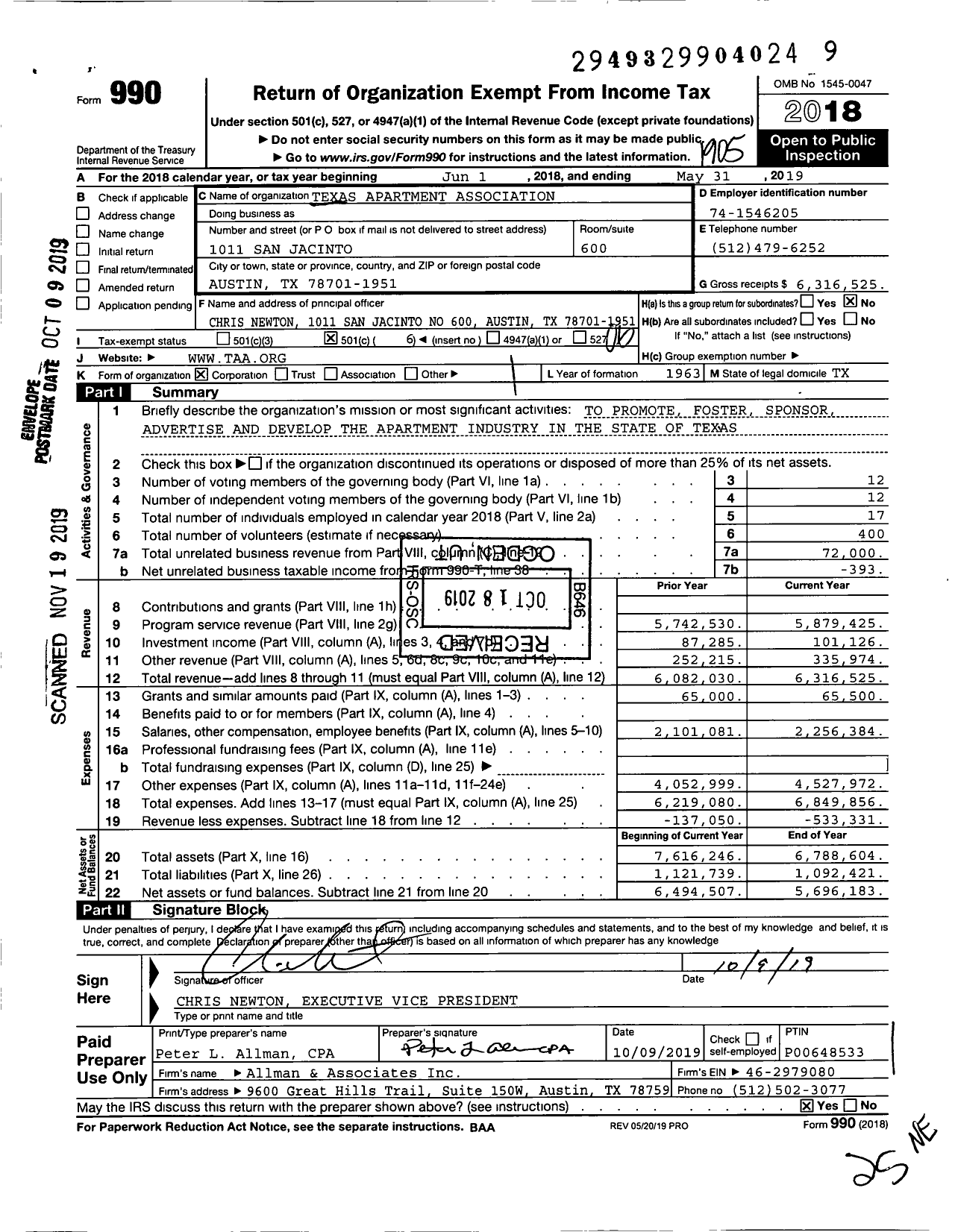 Image of first page of 2018 Form 990O for Texas Apartment Association