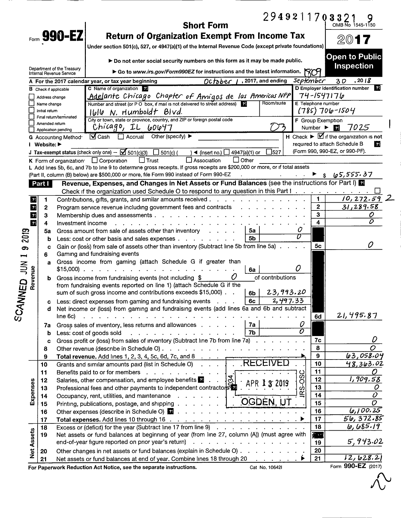 Image of first page of 2017 Form 990EZ for Adelante Chicago Chapter of Amigos de Las Americas