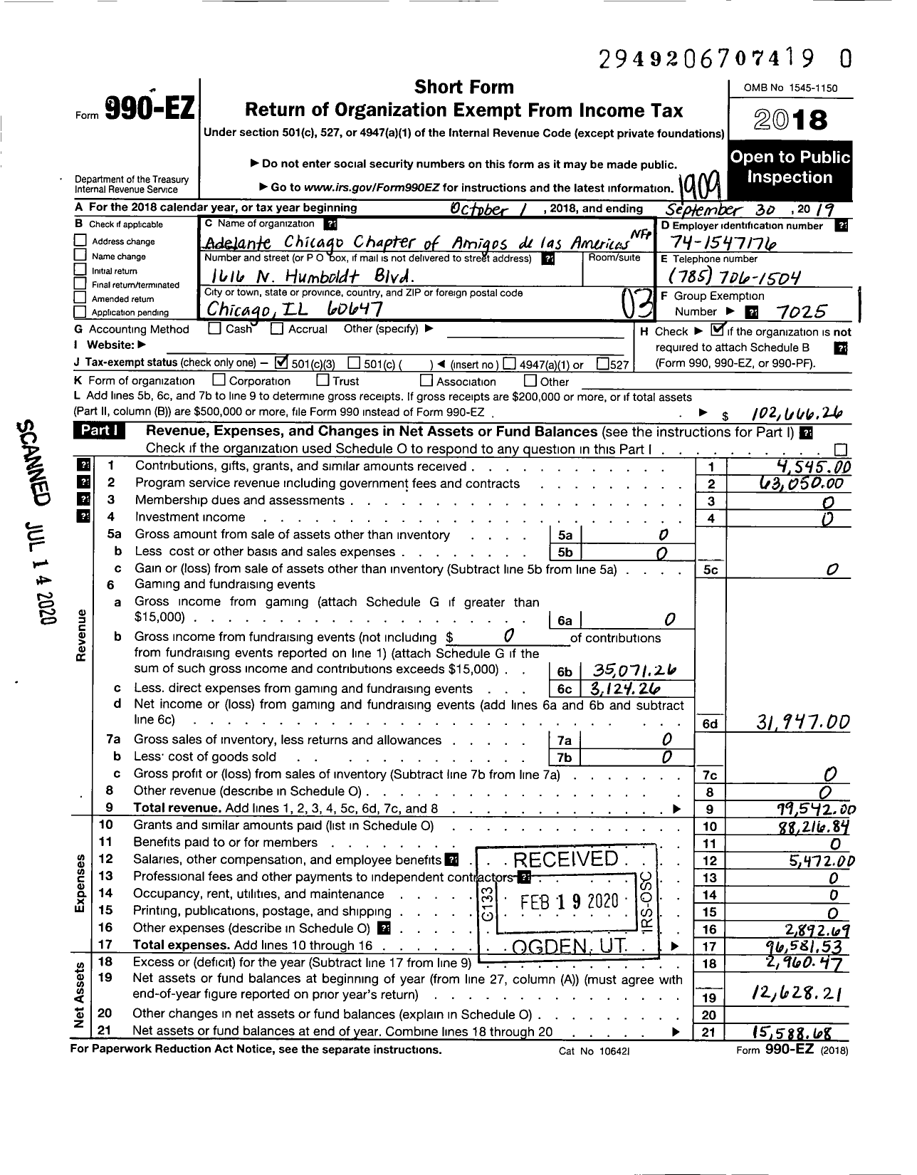 Image of first page of 2018 Form 990EZ for Adelante Chicago Chapter of Amigos de Las Americas