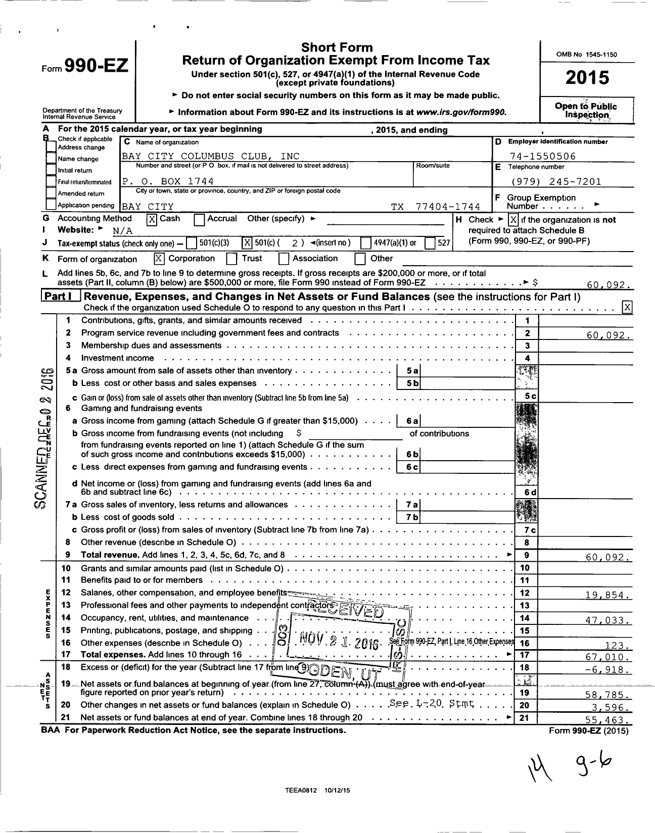 Image of first page of 2015 Form 990EO for Bay City Columbus Club