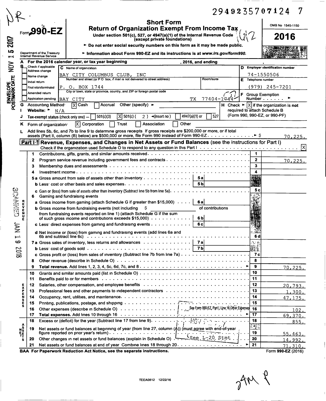 Image of first page of 2016 Form 990EO for Bay City Columbus Club