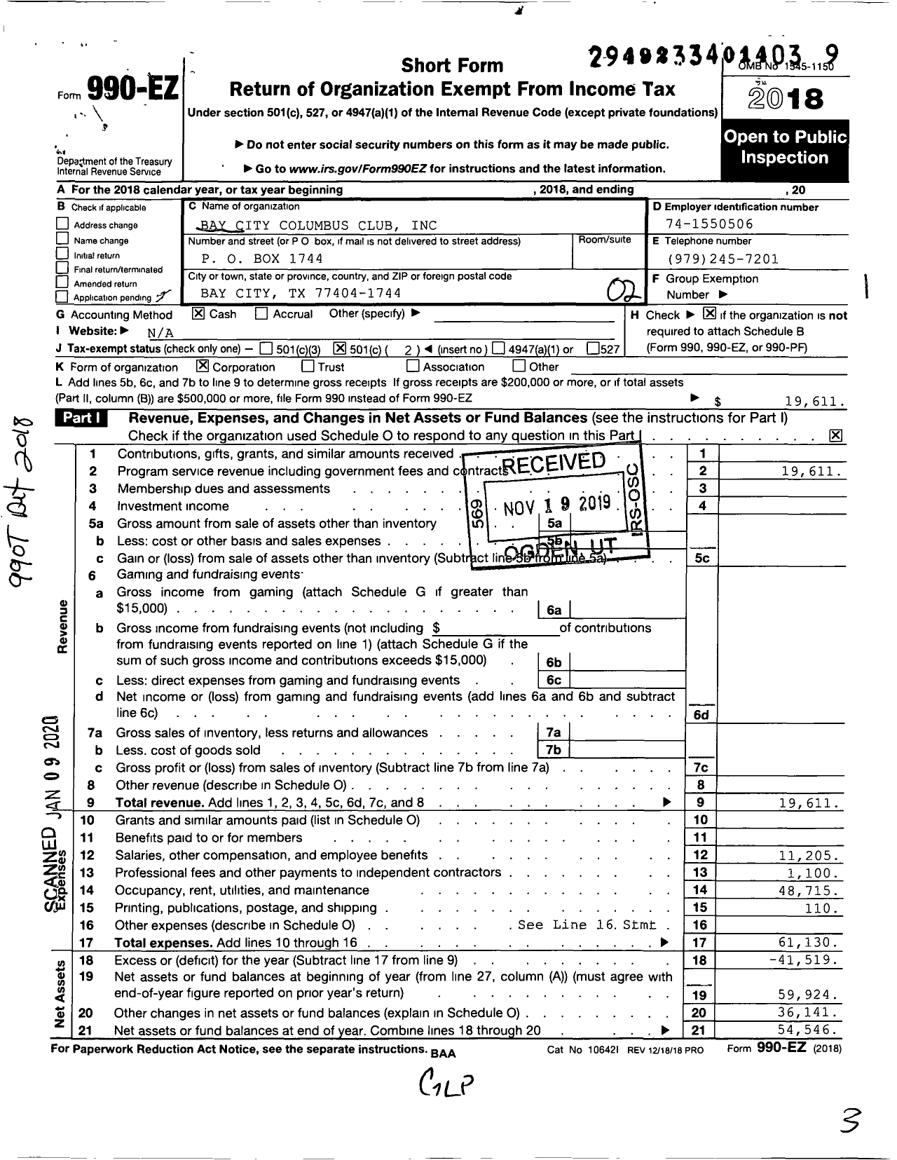 Image of first page of 2018 Form 990EO for Bay City Columbus Club