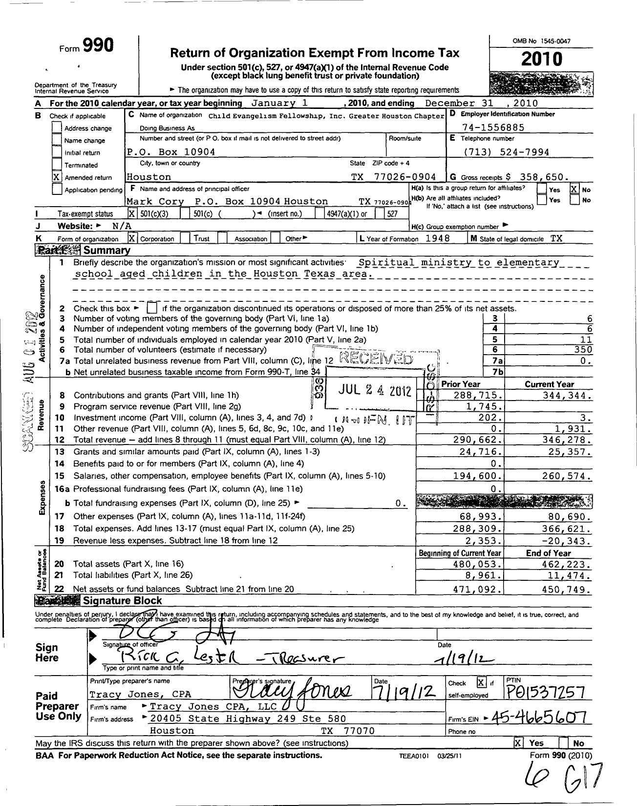 Image of first page of 2010 Form 990 for Child Evangelism Fellowship - Greater Houston Chapter