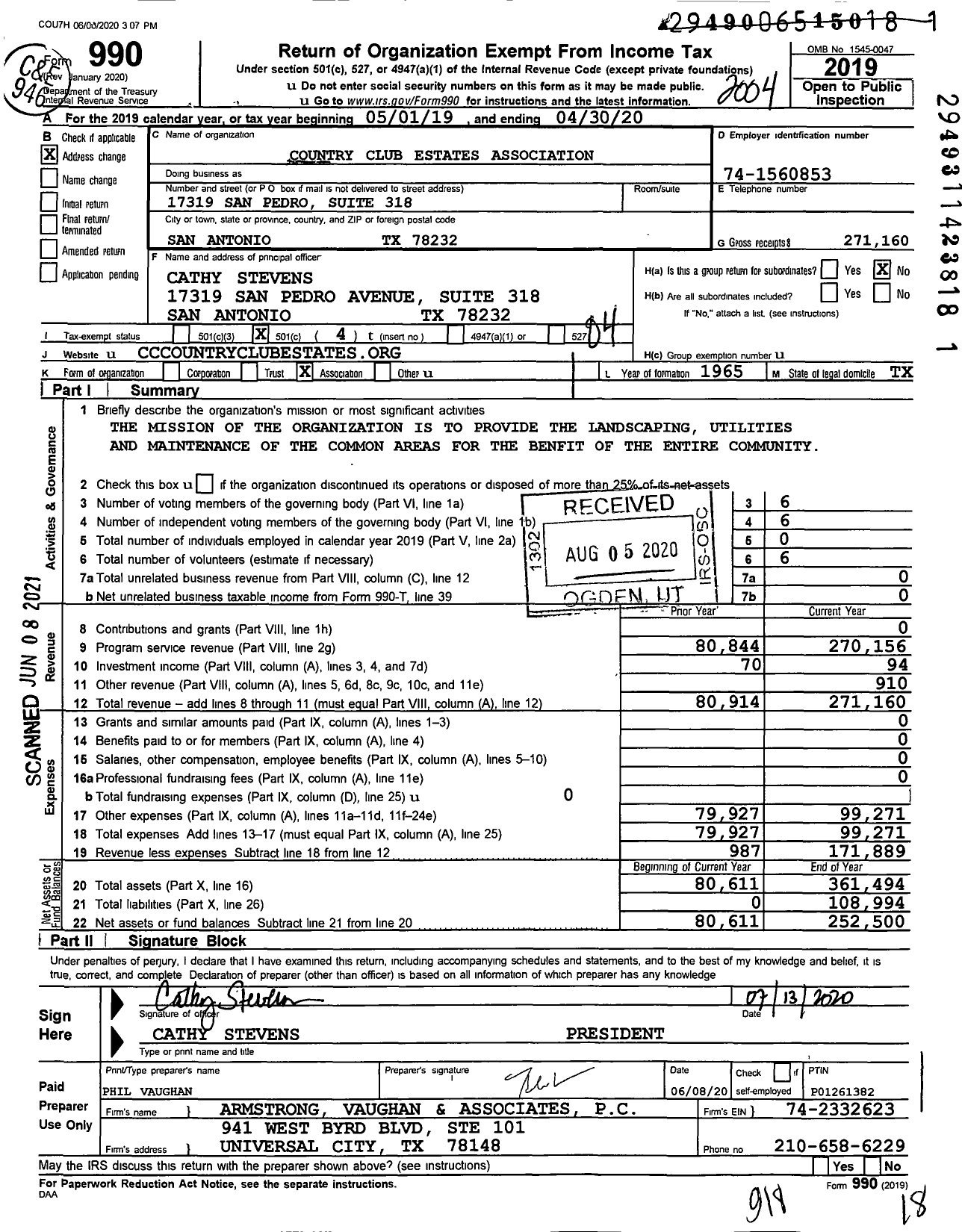 Image of first page of 2019 Form 990O for Country Club Estates Association
