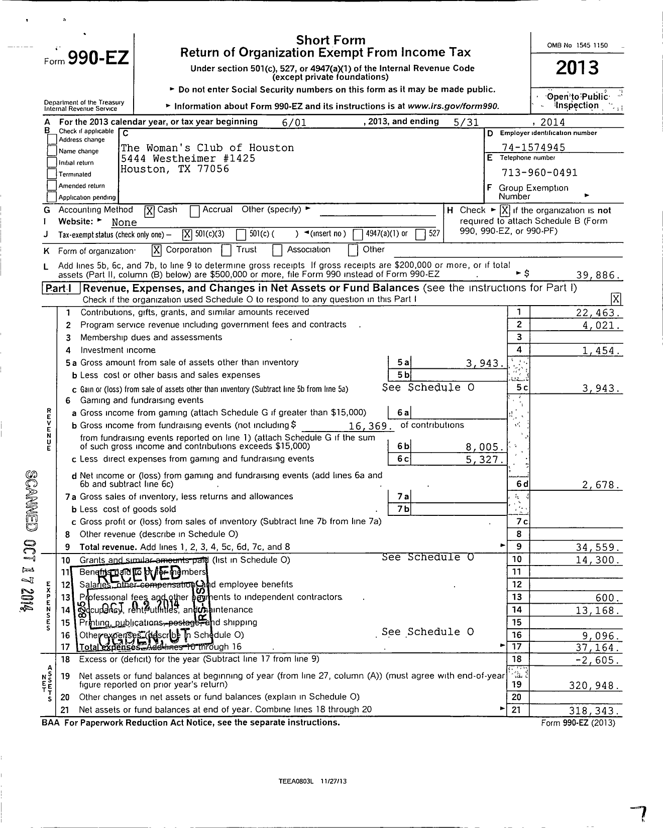 Image of first page of 2013 Form 990EZ for The Womens Club of Houston