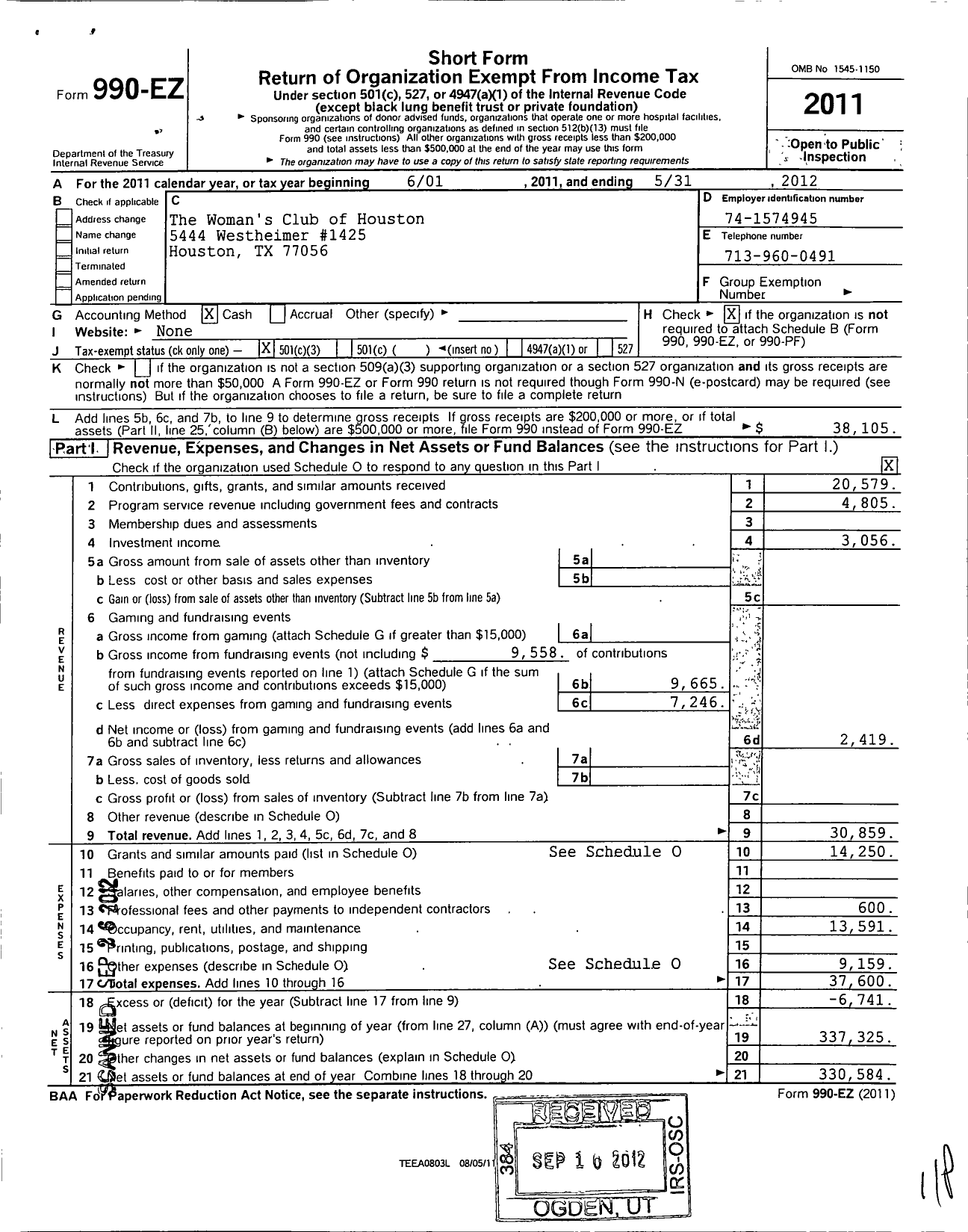 Image of first page of 2011 Form 990EZ for The Womens Club of Houston