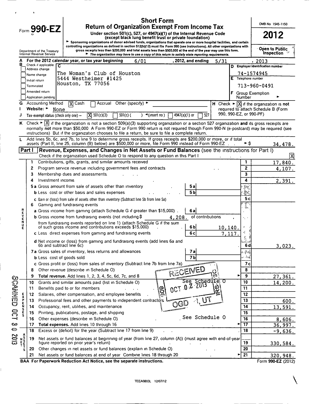 Image of first page of 2012 Form 990EZ for The Womens Club of Houston