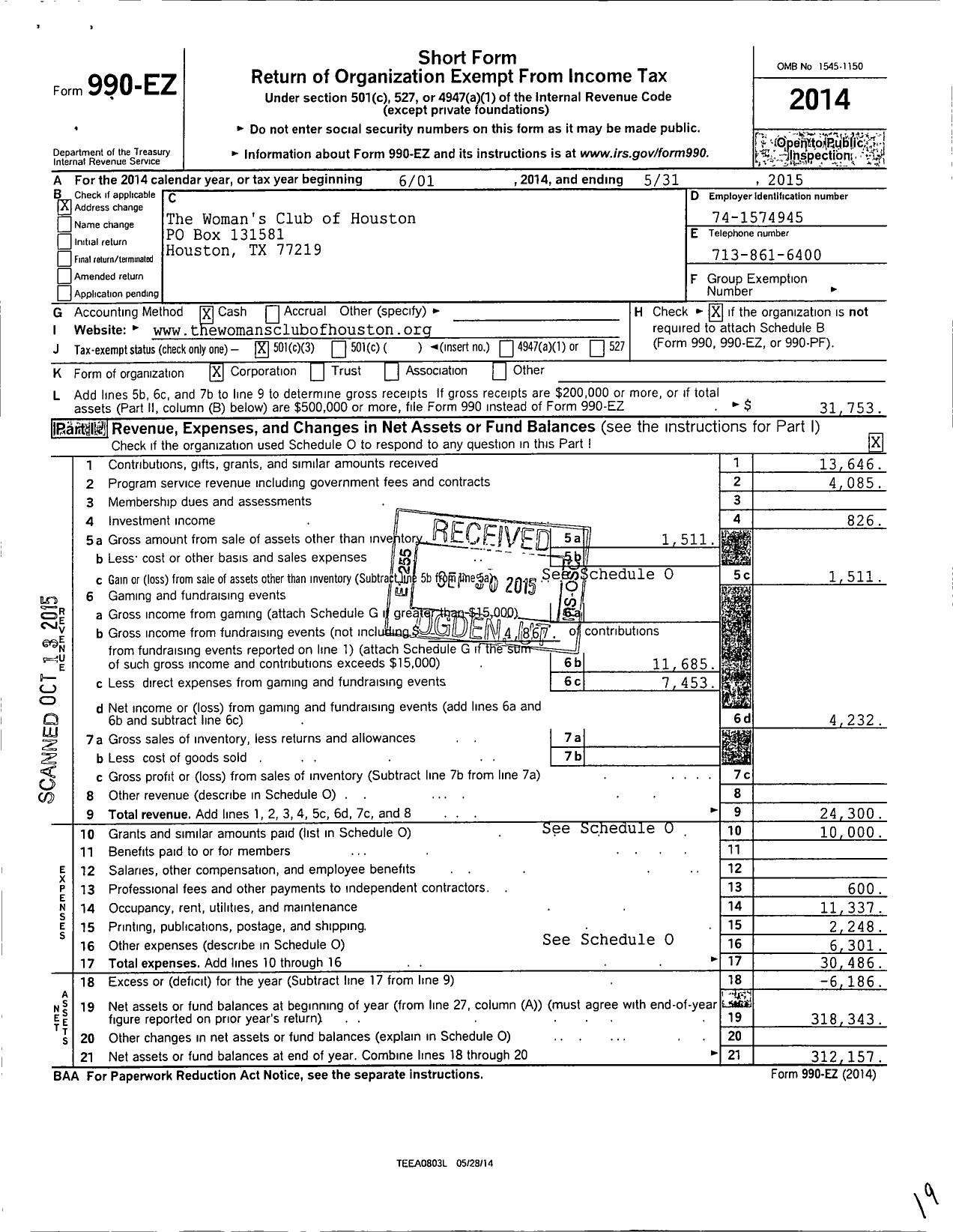 Image of first page of 2014 Form 990EZ for The Womens Club of Houston