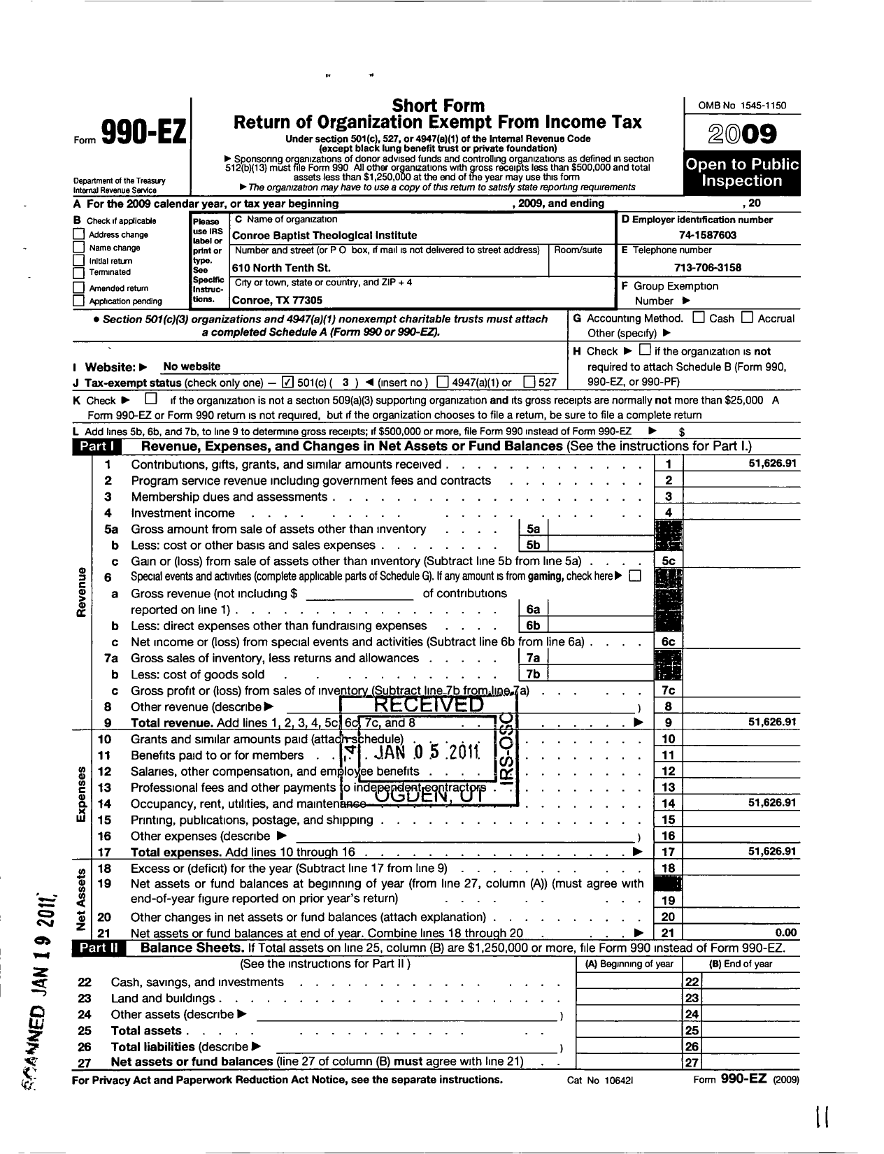 Image of first page of 2009 Form 990EZ for Conroe Baptist Theological Institute