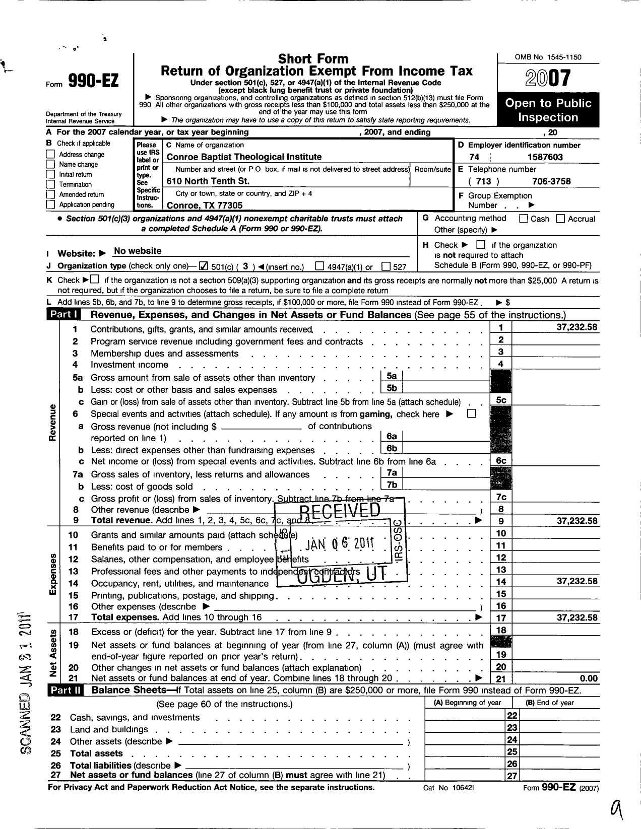 Image of first page of 2007 Form 990EZ for Conroe Baptist Theological Institute