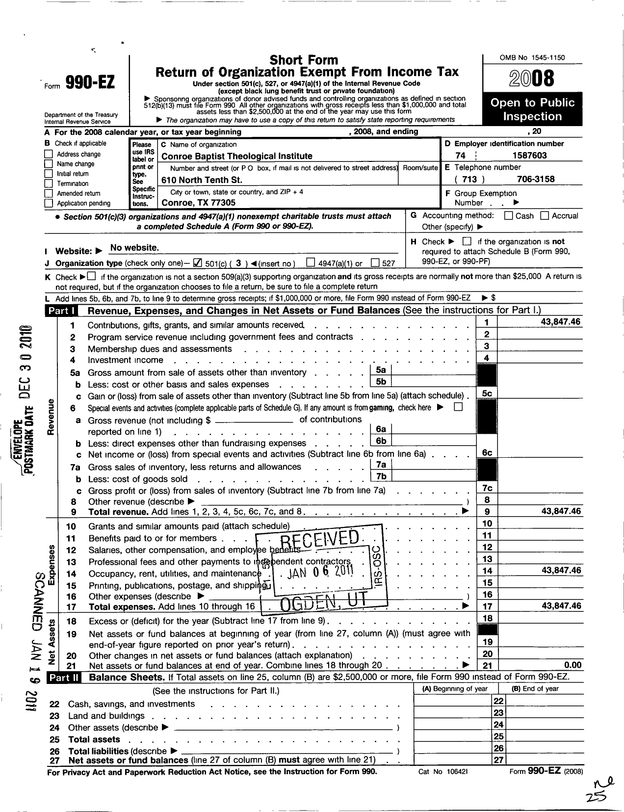 Image of first page of 2008 Form 990EZ for Conroe Baptist Theological Institute