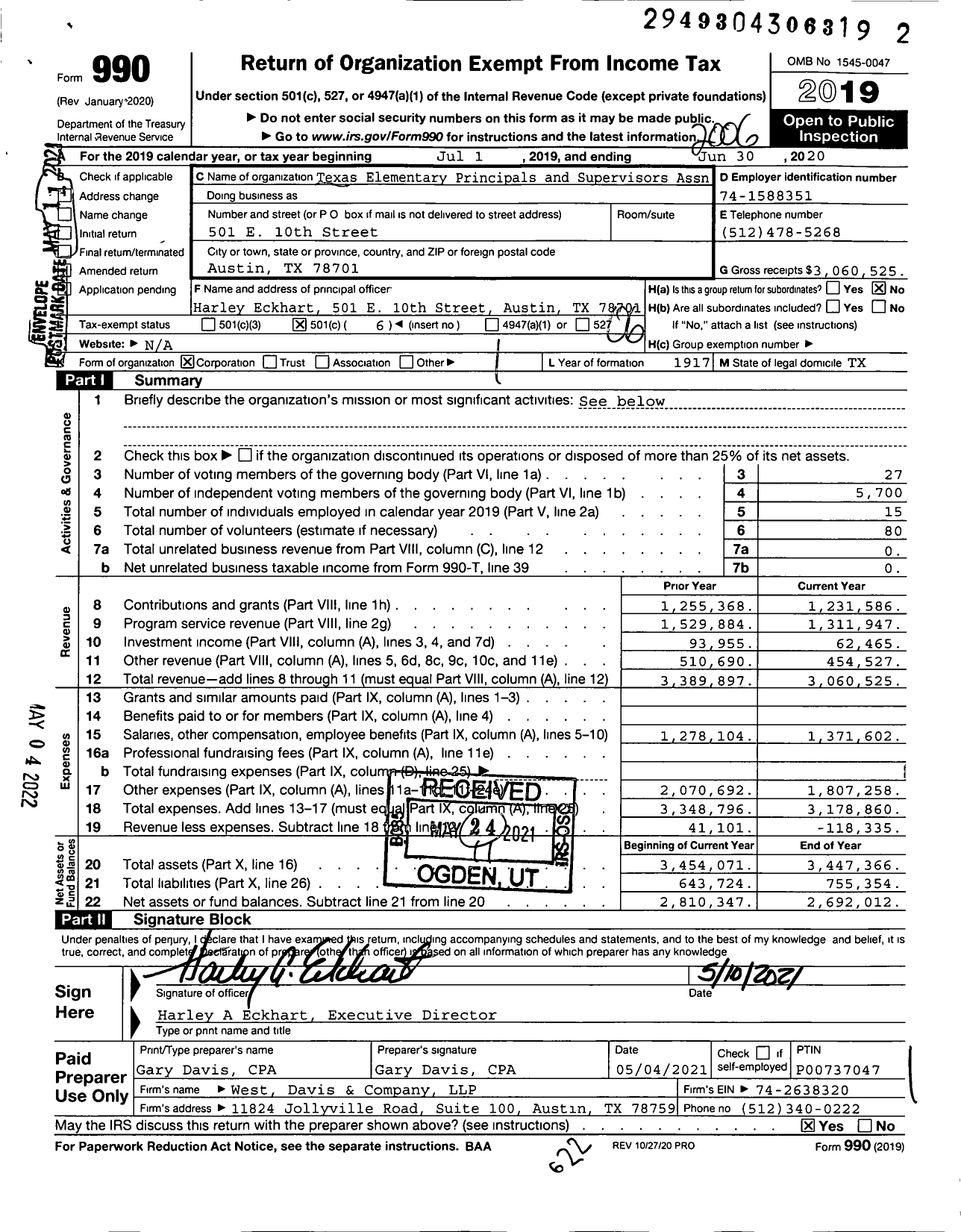 Image of first page of 2019 Form 990O for Texas Elementary Principals and Supervio rs Association (TEPSA)