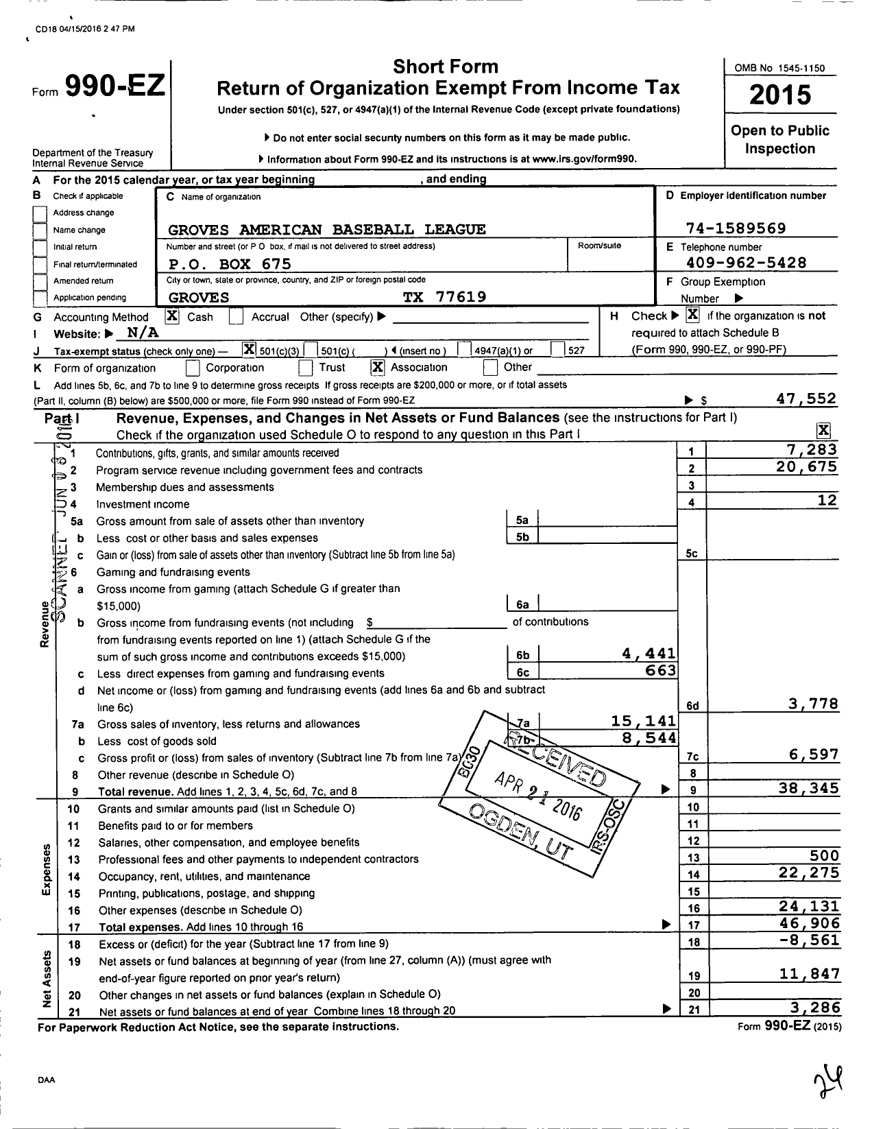 Image of first page of 2015 Form 990EZ for American Little League Groves