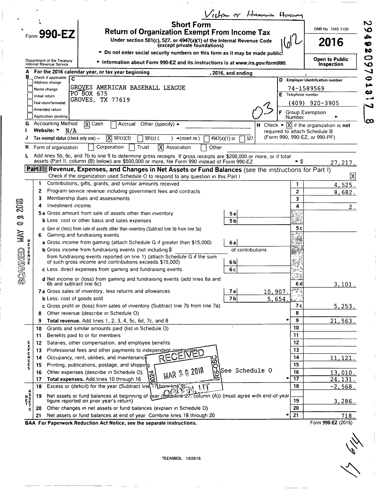 Image of first page of 2016 Form 990EZ for American Little League Groves