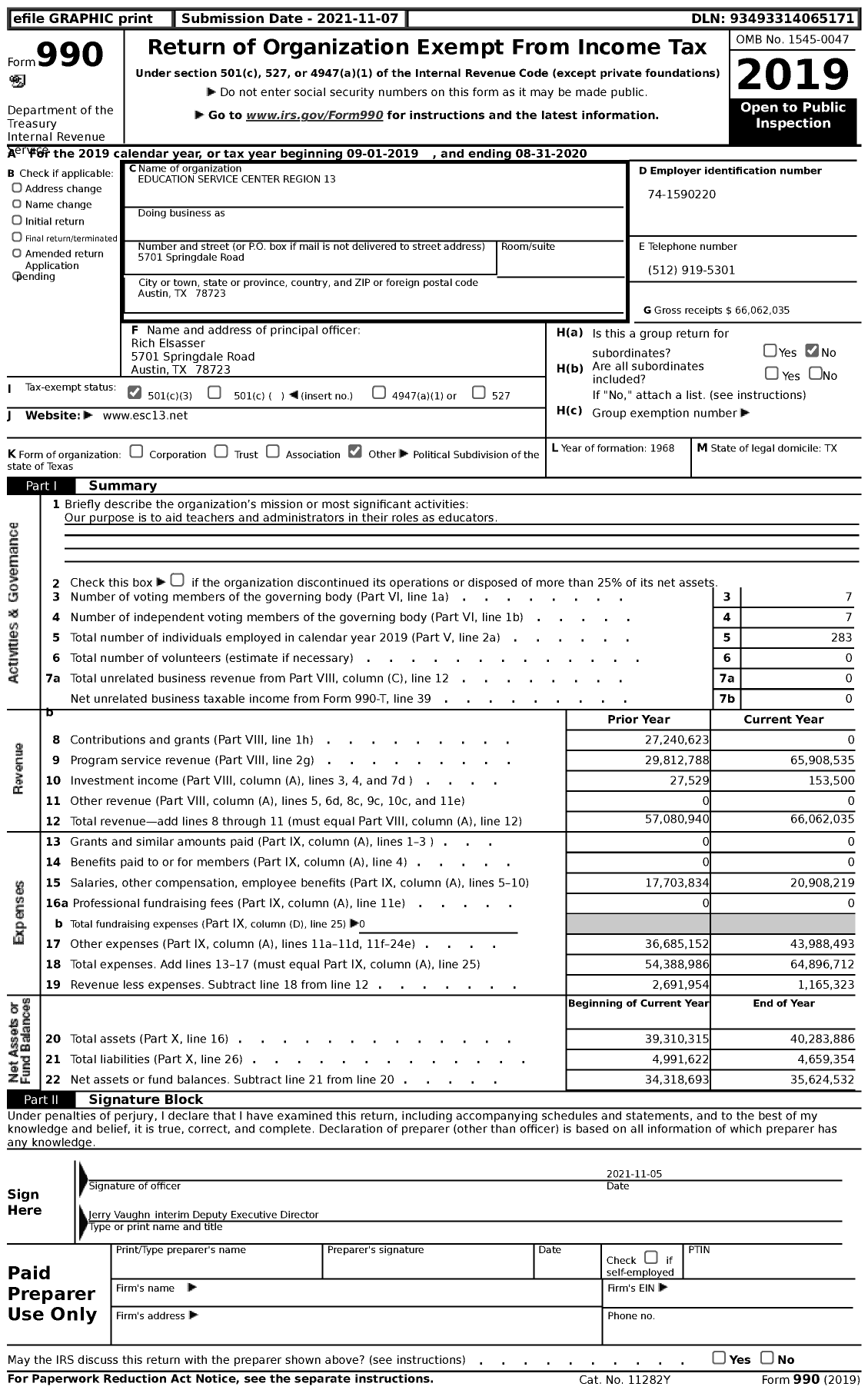 Image of first page of 2019 Form 990 for Education Service Center Region Xiii