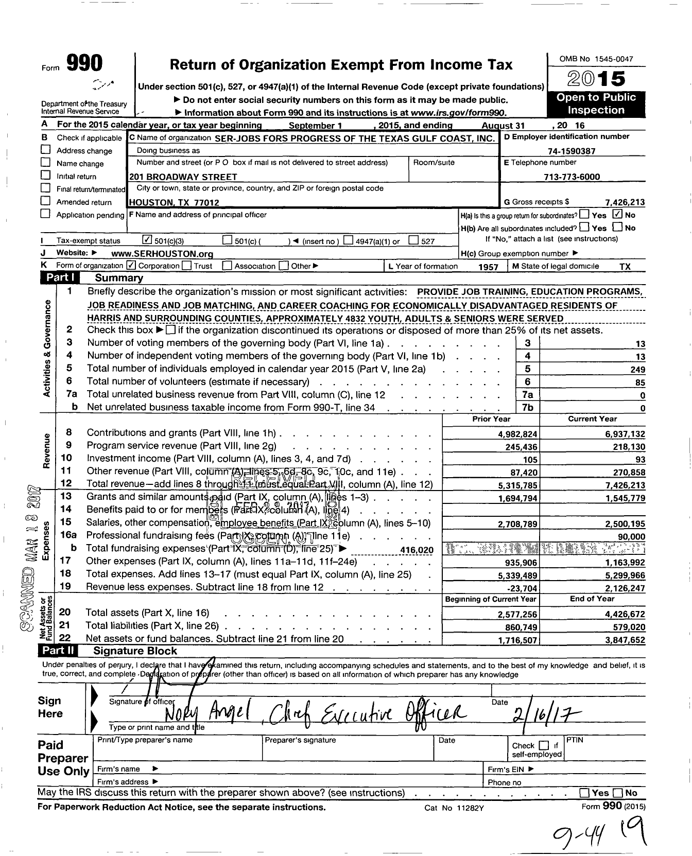Image of first page of 2015 Form 990 for Ser-Jobs for Progress of the Texas Gulf Coast