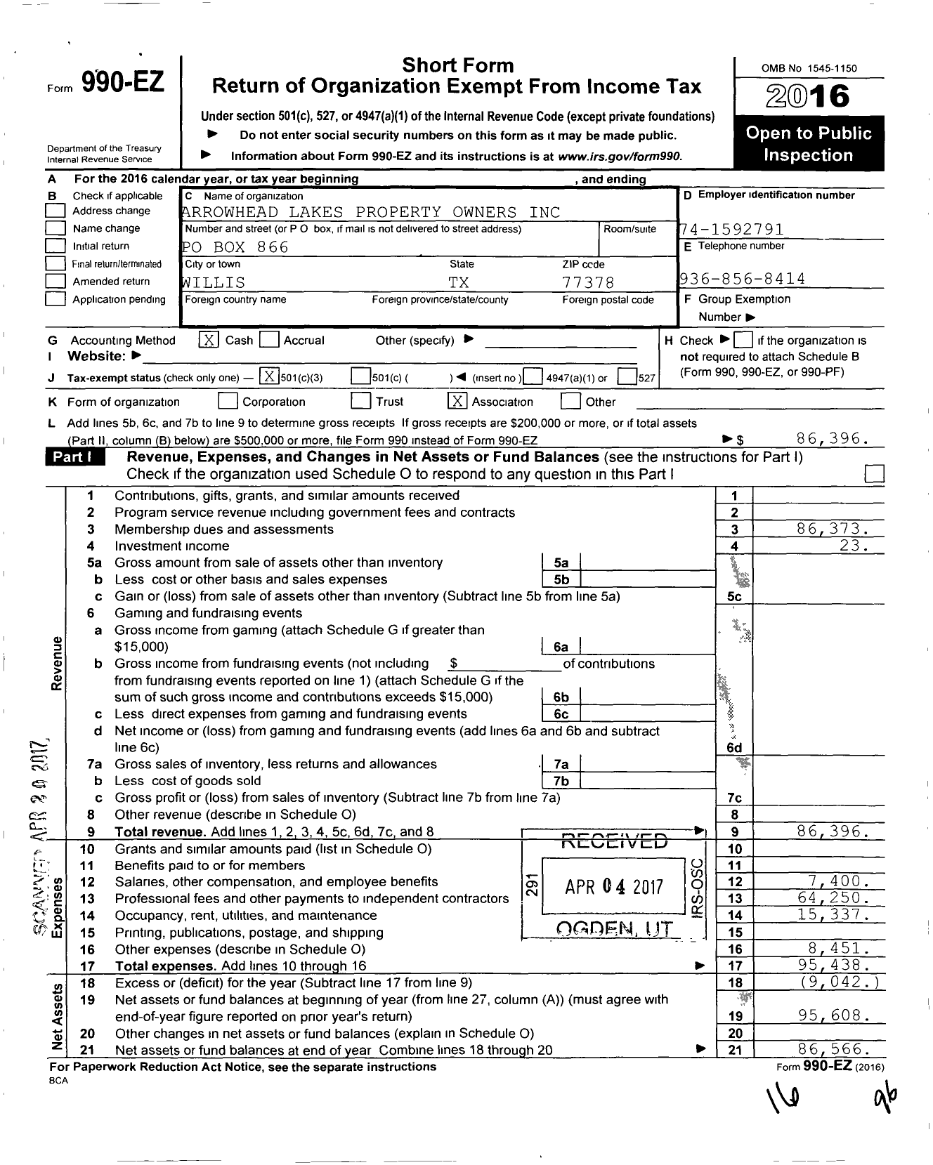 Image of first page of 2016 Form 990EZ for Arrowhead Lakes Property Owners