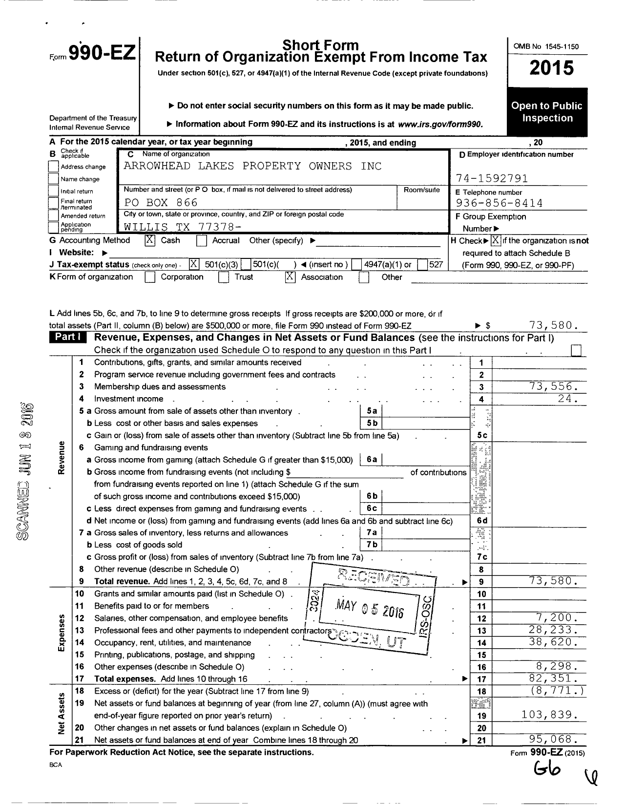 Image of first page of 2015 Form 990EZ for Arrowhead Lakes Property Owners