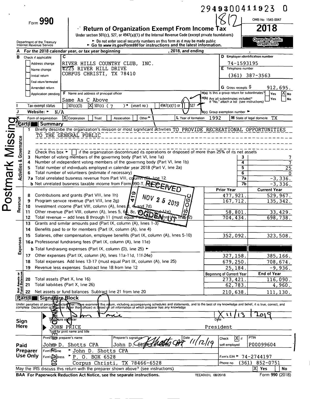 Image of first page of 2018 Form 990O for River Hills Country Club